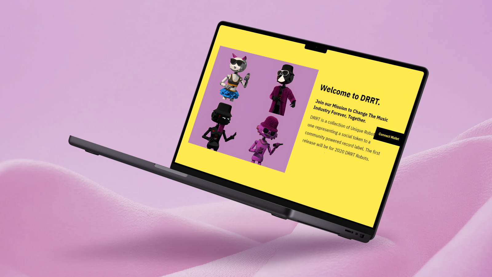 The levitating laptop showcases the NFT marketplace's homepage, featuring DRRT robots, with predominant colors of yellow, pink, and black.