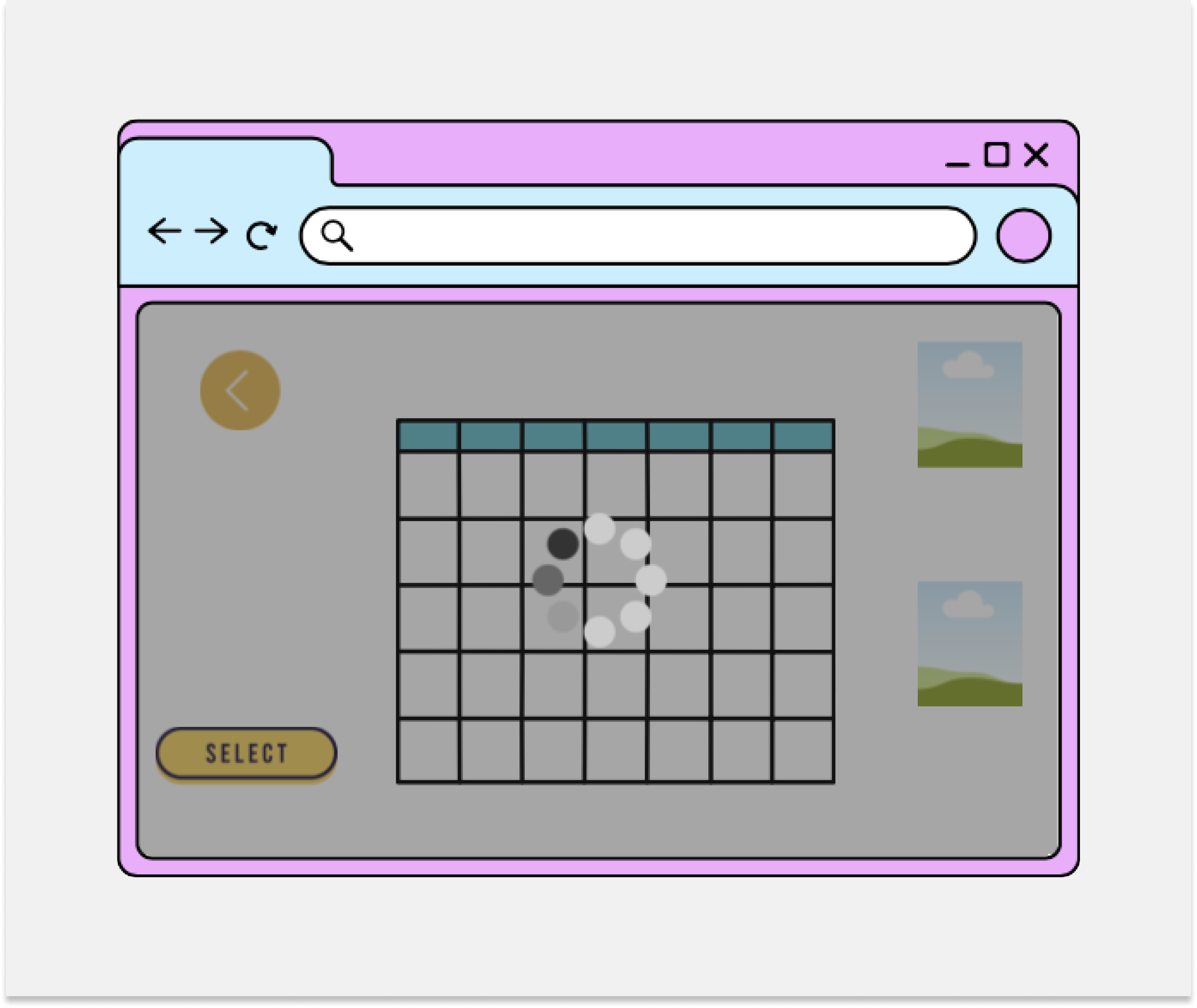 The image shows a computer screen with a grid and a search bar. The colors of the page are purple, blue, and white. The entire screen is grayed out, with a loading symbol in the center.
