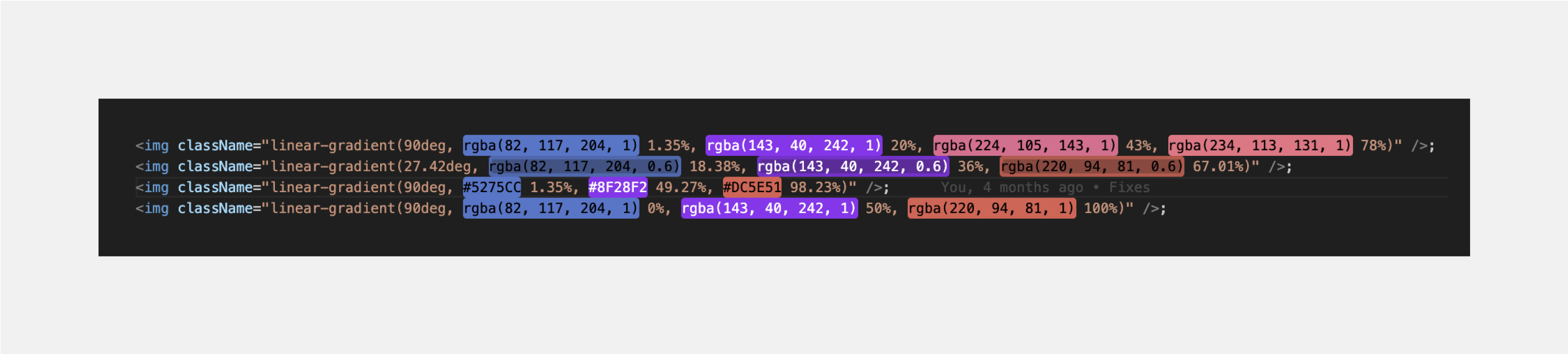 CSS code snippet. The code contains examples of using linear gradients, including angular and radial gradients to define background colors for HTML elements.Gradients are defined using the linear-gradient() function, which accepts parameters specifying the direction of the gradient, the colors and their position. The gradients are practically identical.