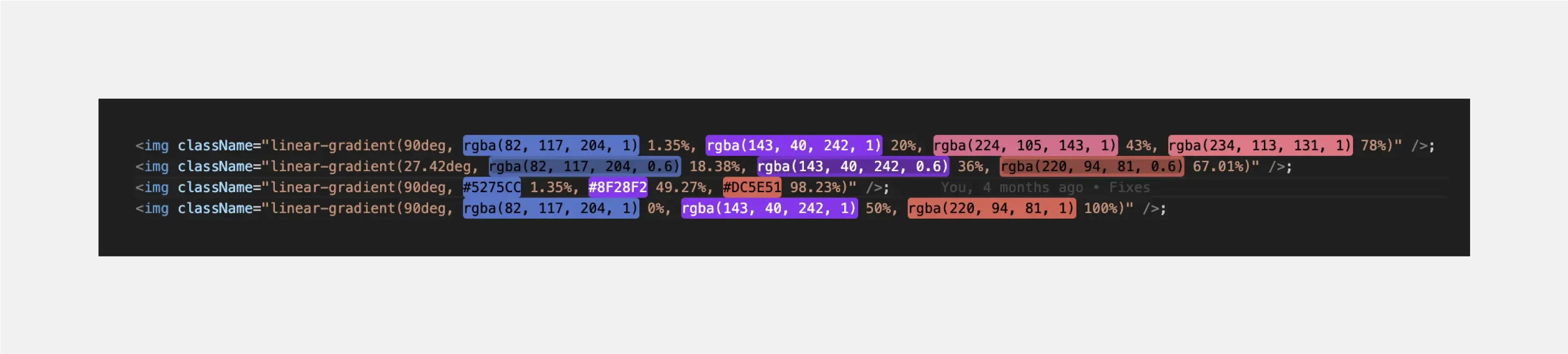 CSS code snippet. The code contains examples of using linear gradients, including angular and radial gradients to define background colors for HTML elements.Gradients are defined using the linear-gradient() function, which accepts parameters specifying the direction of the gradient, the colors and their position. The gradients are practically identical.