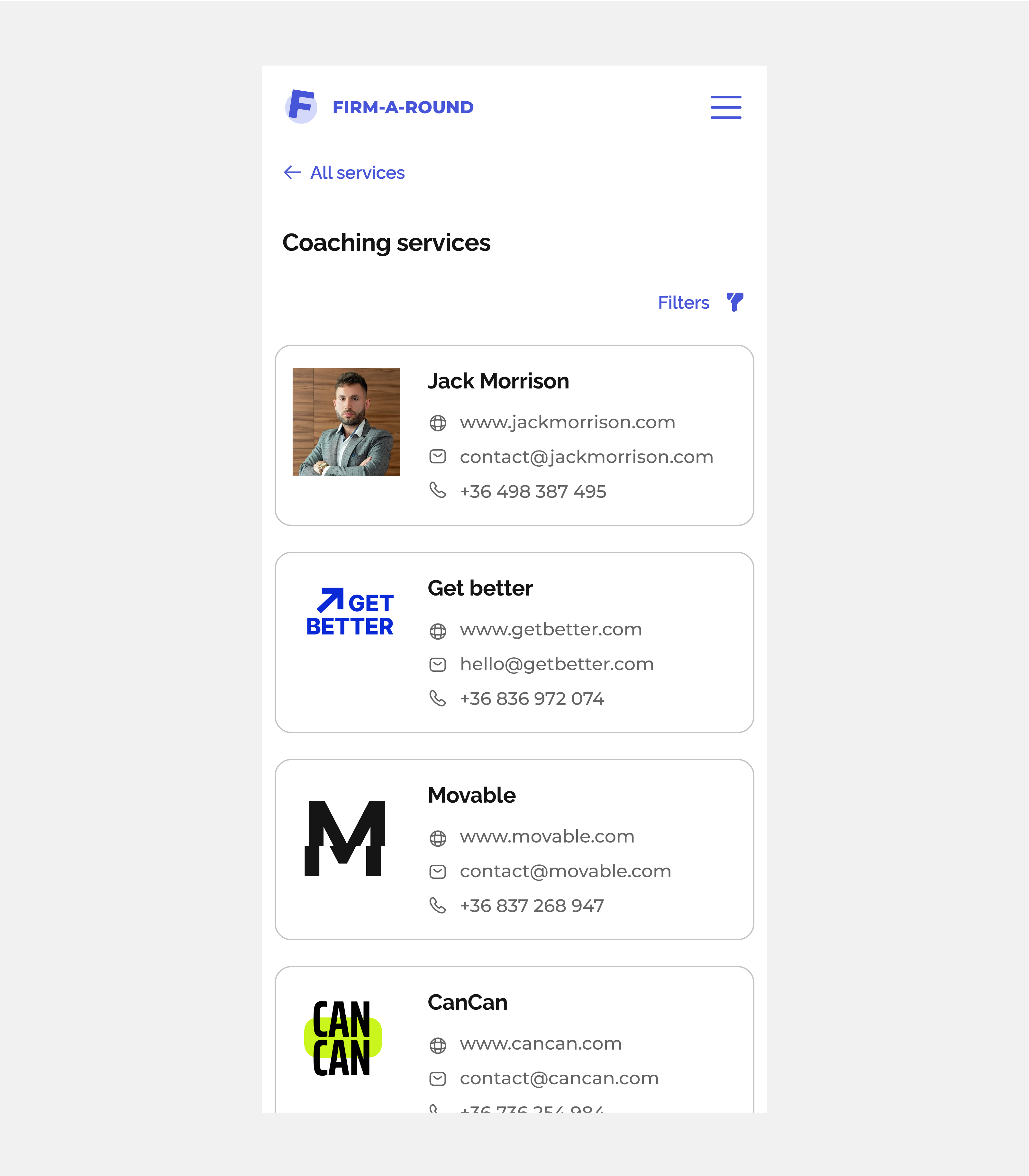 The image shows a website titled 'FIRM-A-ROUND'. On the page, there are logos and contact information for four companies offering coaching services: Jack Morrison, Get Better, Movable, and CanCan. Each company is presented in the form of a card, with each card containing a frame, a photo, the company name, and contact information. Filters are visible on the page, allowing users to search for coaches based on various criteria.