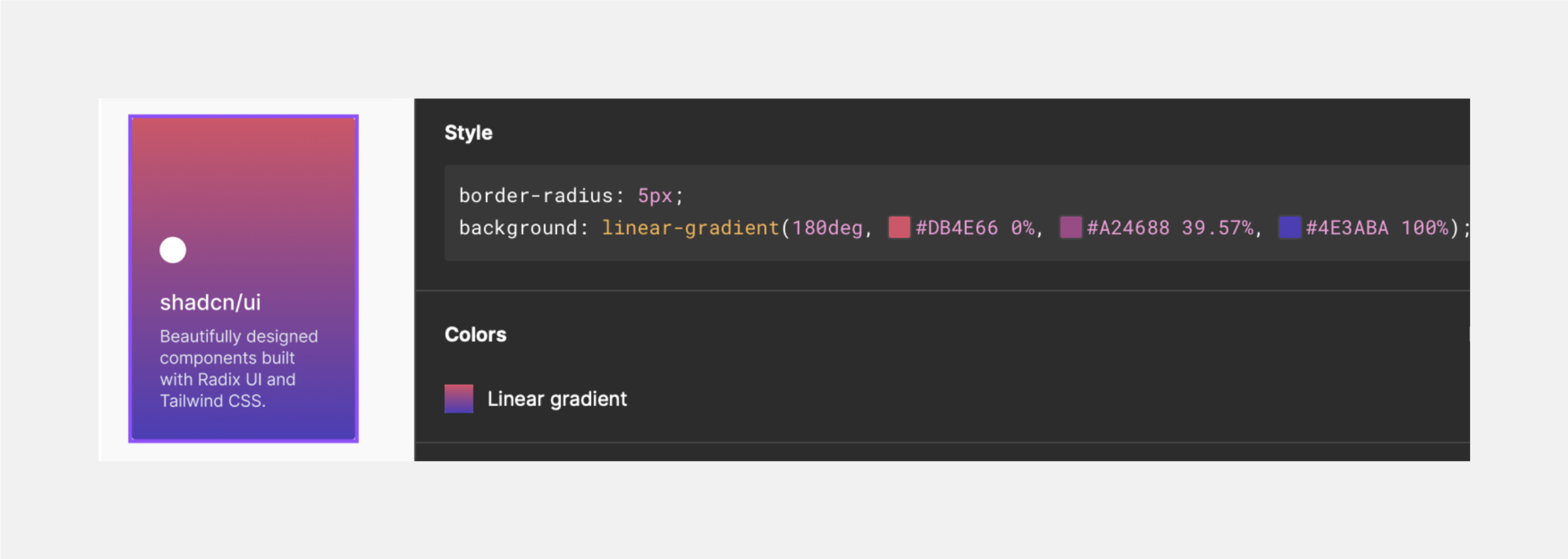 A screenshot from the Figma program. We see a tab with a linear gradient. The gradient transitions from the color #DB4E66 to #A24688 to #4E3ABA. The gradient is unnamed.