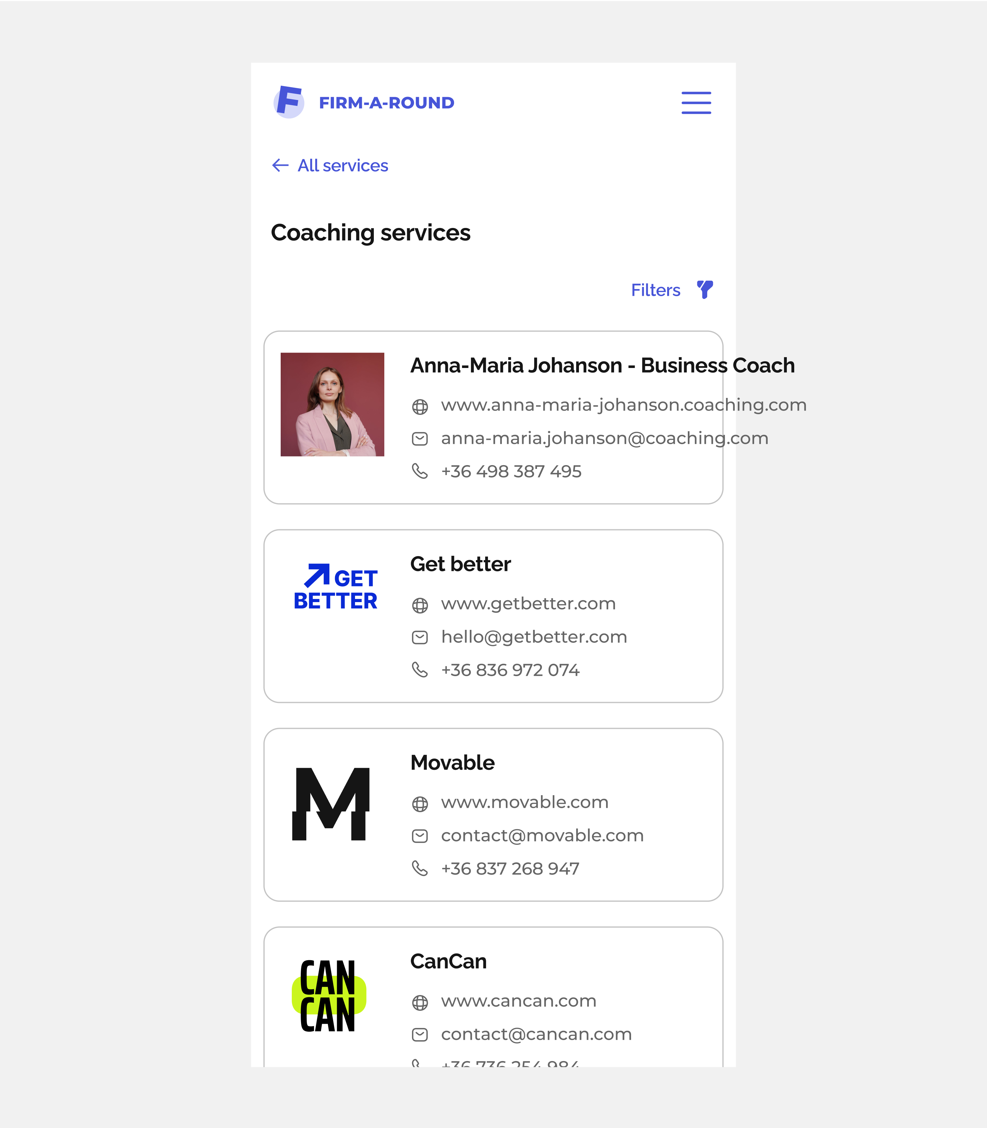 The image shows a screenshot from the website of the company FIRM-A-ROUND, which offers coaching services. On the website, there are filters allowing users to search for coaches based on various criteria. Each company is presented in the form of a card, with each card containing a frame, a photo, the company name, and contact information. The data for the first company is very long and extends beyond the designated space.