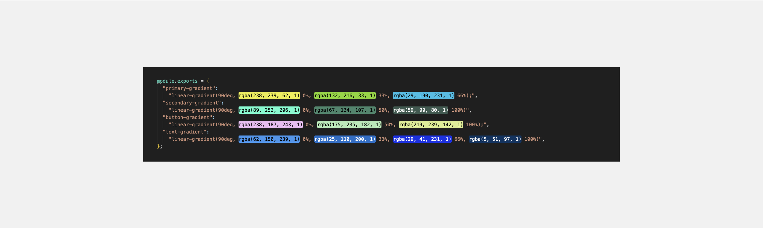 secondary-gradient, button-gradient, and text-gradient. Each gradient is defined using four values: angle, starting color, middle color, and ending color. The gradients differ from each other in colors.