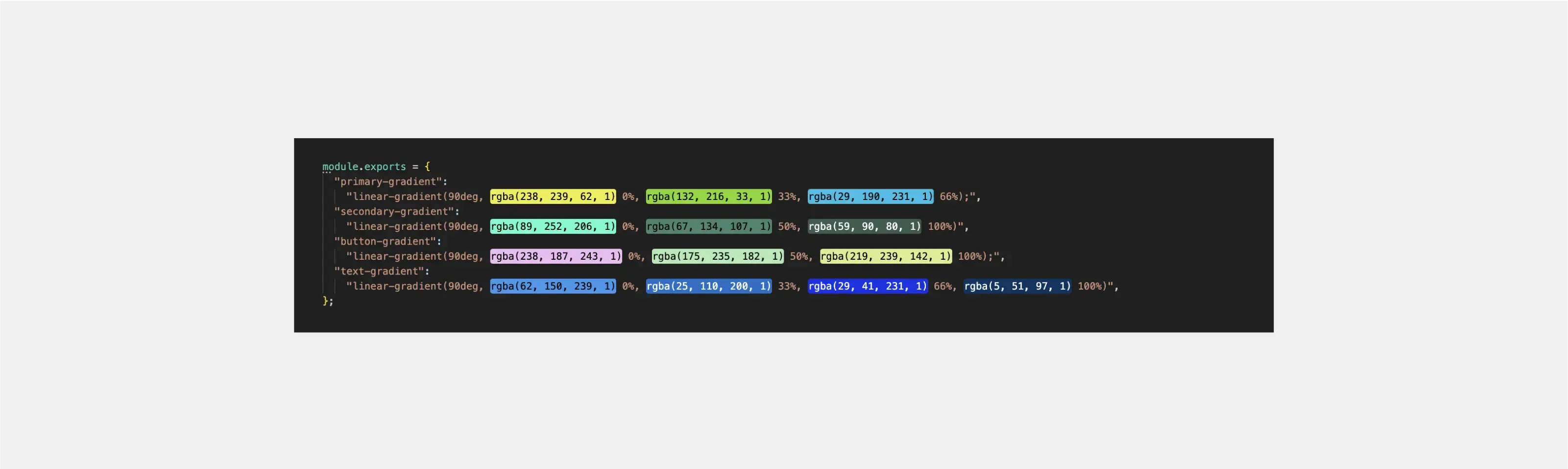 secondary-gradient, button-gradient, and text-gradient. Each gradient is defined using four values: angle, starting color, middle color, and ending color. The gradients differ from each other in colors.