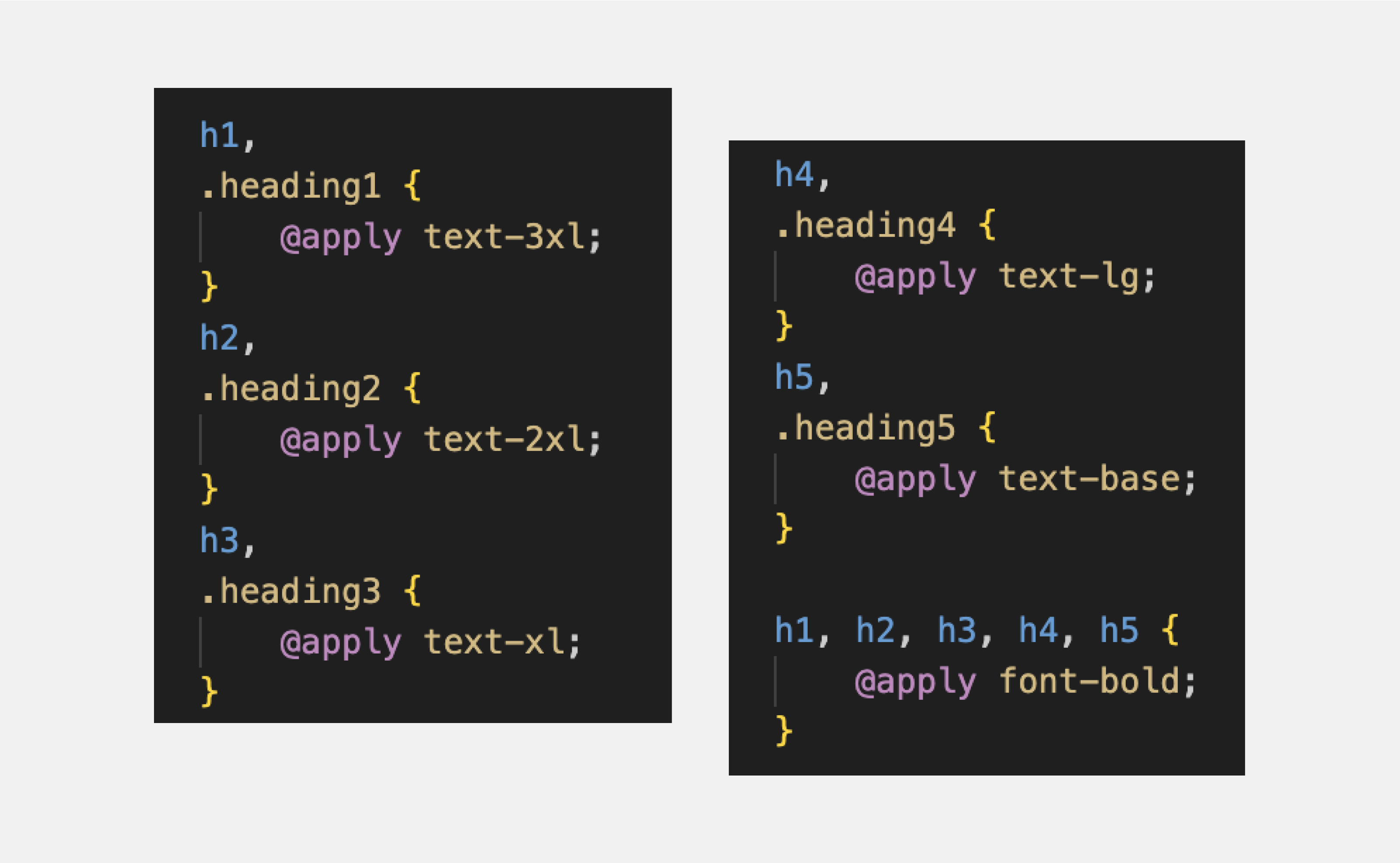 The image shows a snippet of CSS code that defines styles for headings h1 through h5. The code contains CSS selectors for each header, as well as style declarations for properties such as font size and bold.