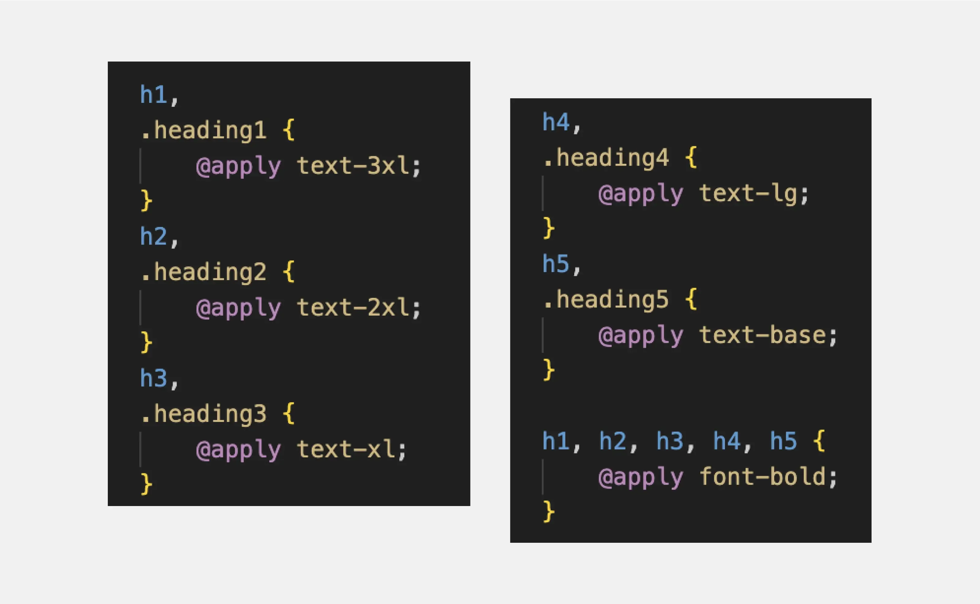 The image shows a snippet of CSS code that defines styles for headings h1 through h5. The code contains CSS selectors for each header, as well as style declarations for properties such as font size and bold.