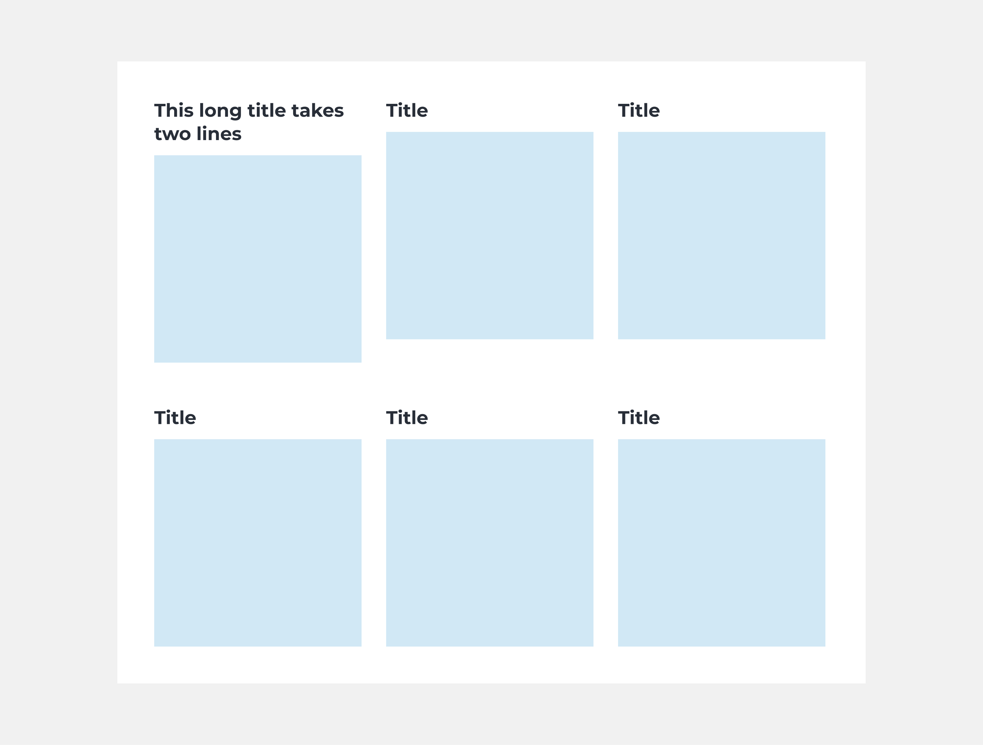 An example of a long title on a banner. Six blue tiles on a white background with titles showcasing the main sections of the website. The first tile features a banner with a long title that spans two lines and pushes the tile below it down, causing the tiles to no longer be symmetrically arranged.