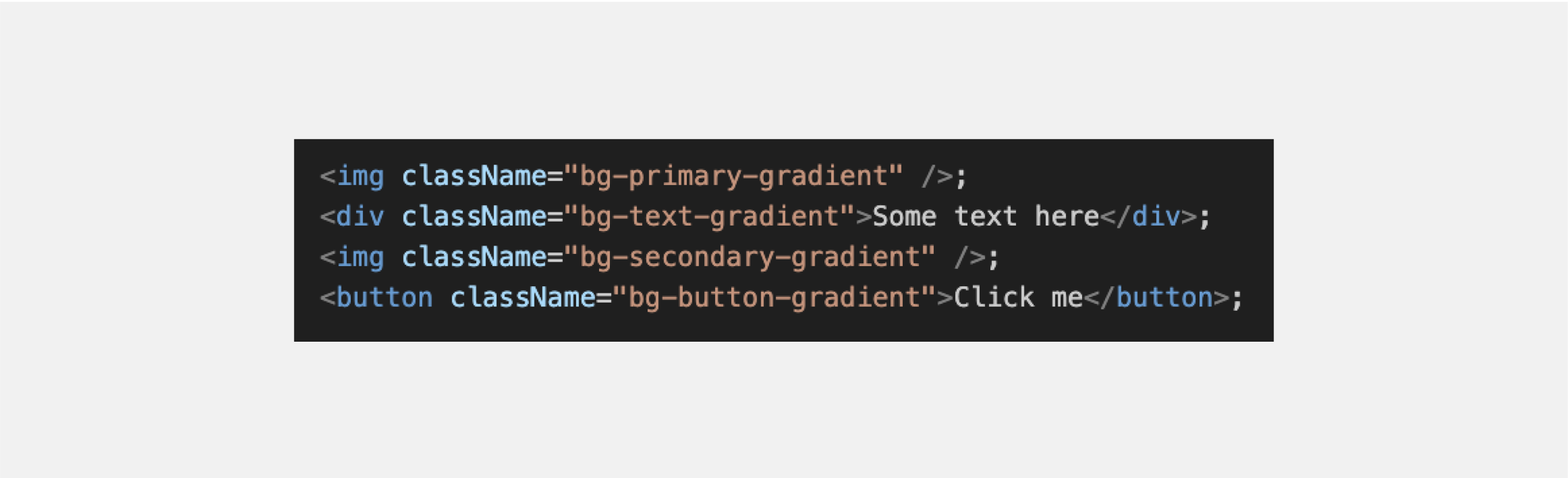 The source code is written in JavaScript. The code contains four elements, each of them has a class with a gradient. The gradients are named primary-gradient, secondary-gradient, text-gradient, and button-gradient.