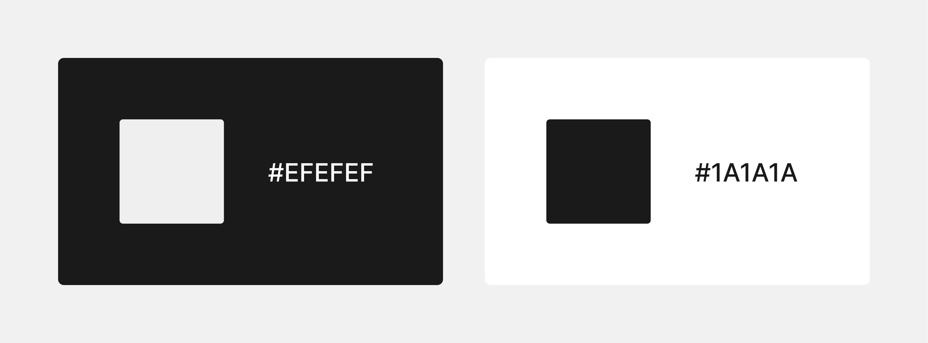 The image depicts a rectangle divided into two equal parts. The left side is black, and the right side is white. On the black side, there is a white square and the text "#efefef". On the white side, there is a black square and the text "#aa1a".