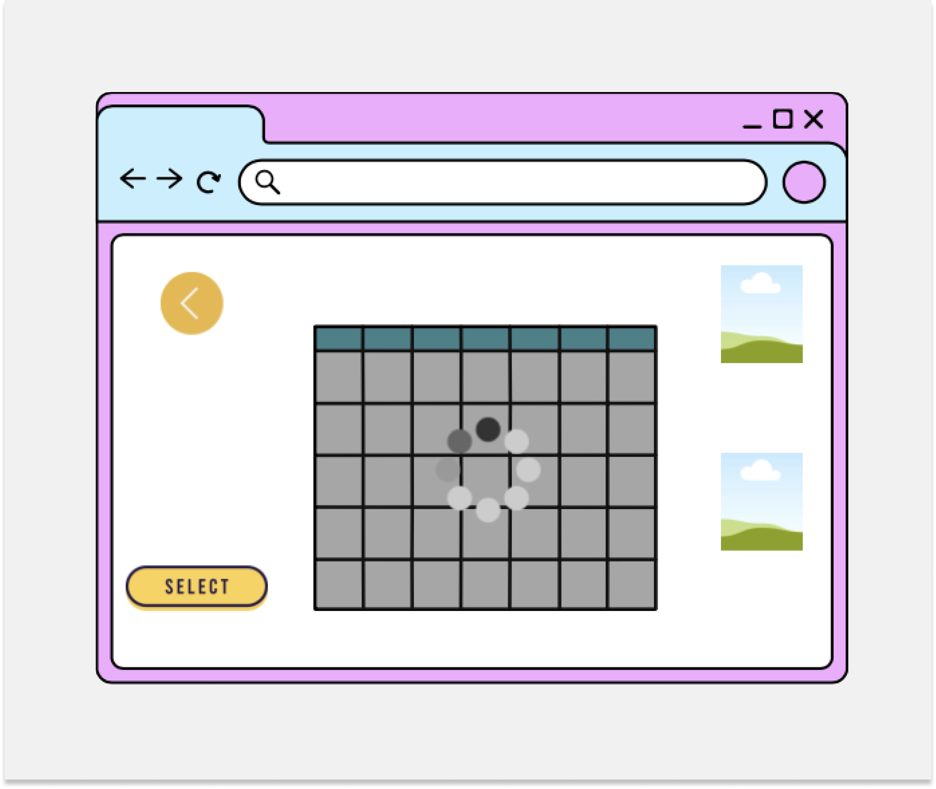 The picture depicts a computer screen with a grid and a search bar. The colors of the page are purple, blue, and white. The grid area is grayed out, with a loading symbol in the center.