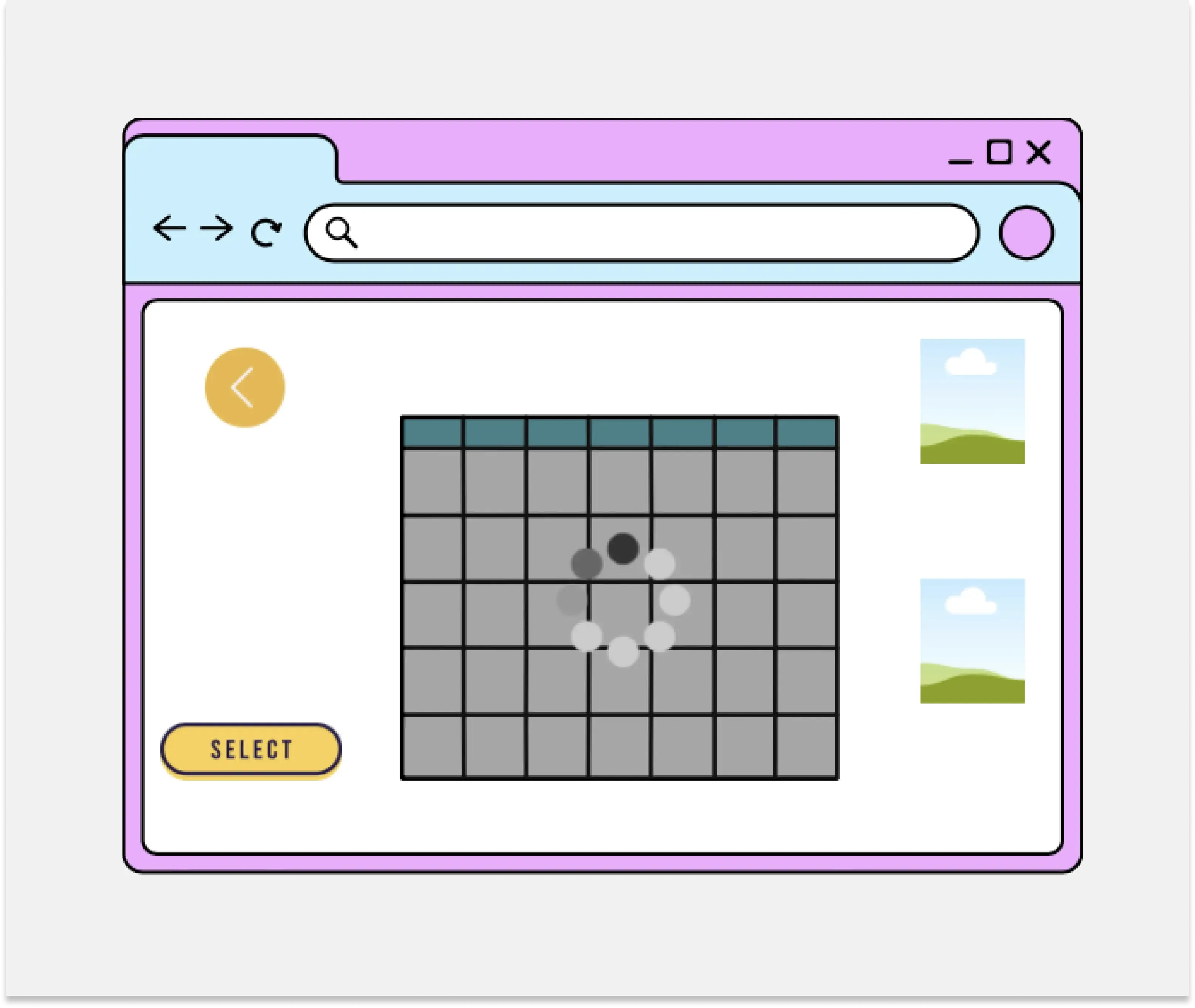 The picture depicts a computer screen with a grid and a search bar. The colors of the page are purple, blue, and white. The grid area is grayed out, with a loading symbol in the center.