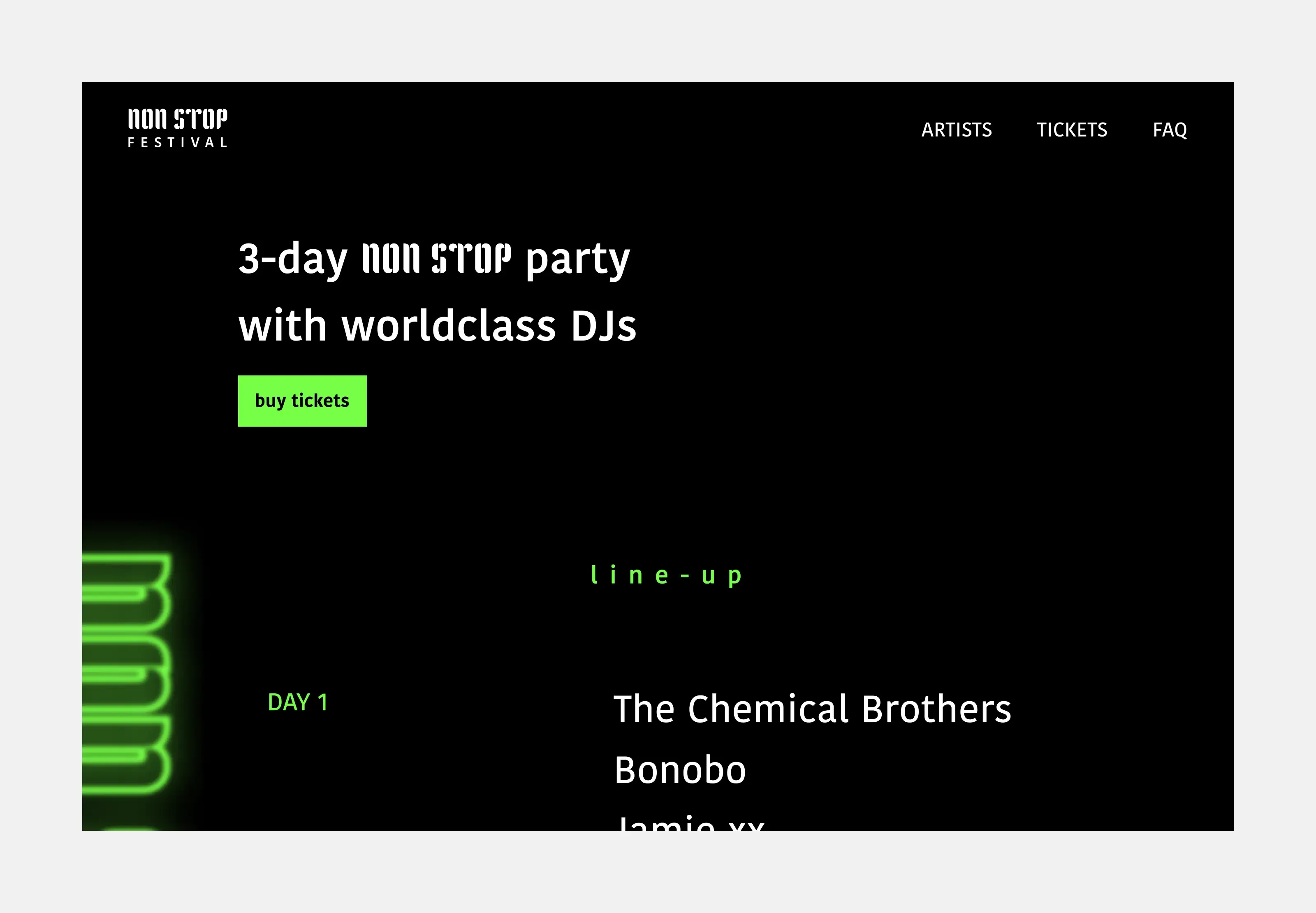 A screenshot of the festival's website. The page advertises a 3-day non-stop event featuring world-famous DJs. Visible on the page are: the festival's logo, information about the 3-day non-stop event, information about the world's best DJs, a link to buy tickets, the festival's schedule, a list of artists for the first day, including The Chemical Brothers, Bonobo, and 