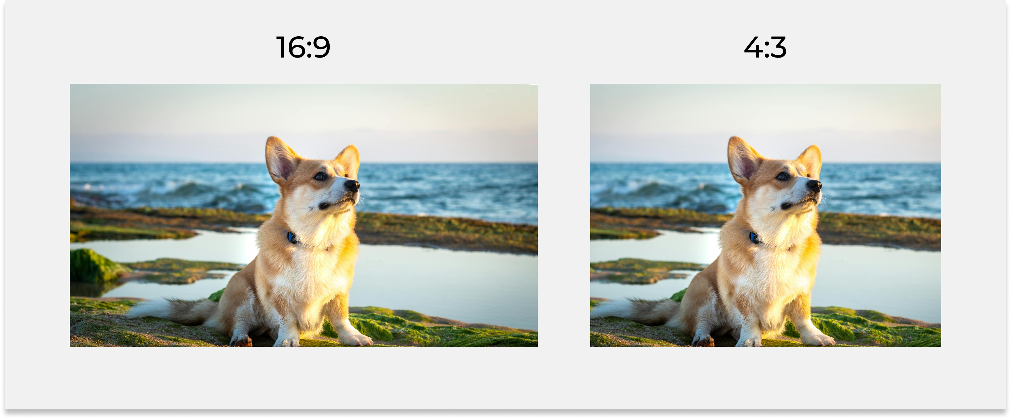 A Pembroke Welsh Corgi dog sits on the sand, facing the ocean. The dog has short paws, long ears and the breed's characteristic reddish coat. In the background you can see waves crashing on the shore and a blue sky. The photo is shown in two proportions. On the right is 4:3, on the left 16:9.