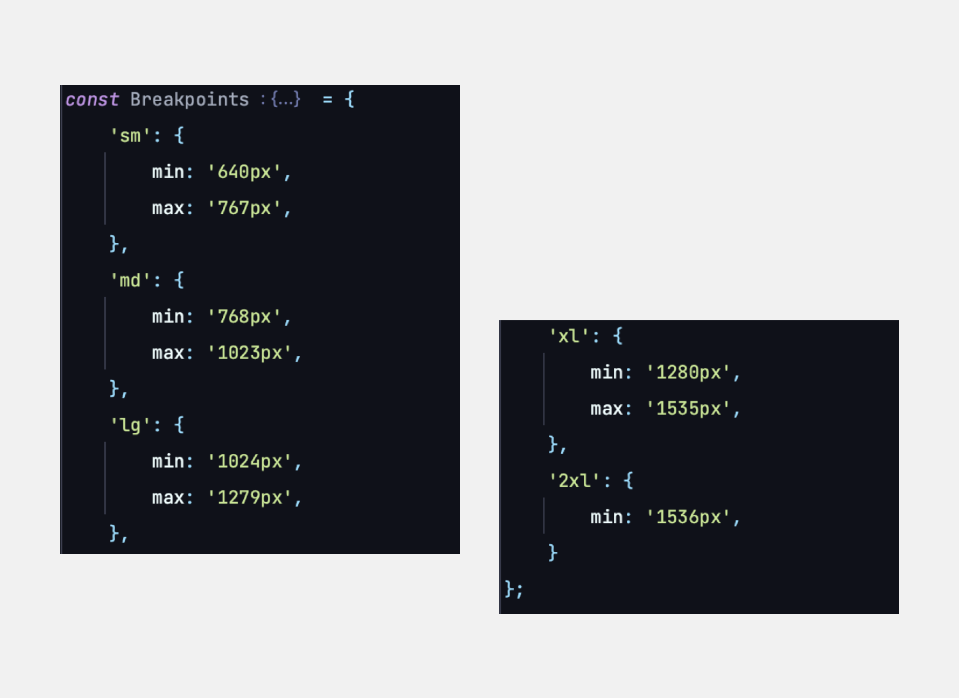 Screenshot of JavaScript code. The code defines a function called Breakpoints, which returns an object with breakpoints for different screen sizes. The object contains keys for screen sizes "sm", "md", "lg" and "xl". Each key has two fields: "min" and "max," which specify the minimum and maximum screen width for a given size.