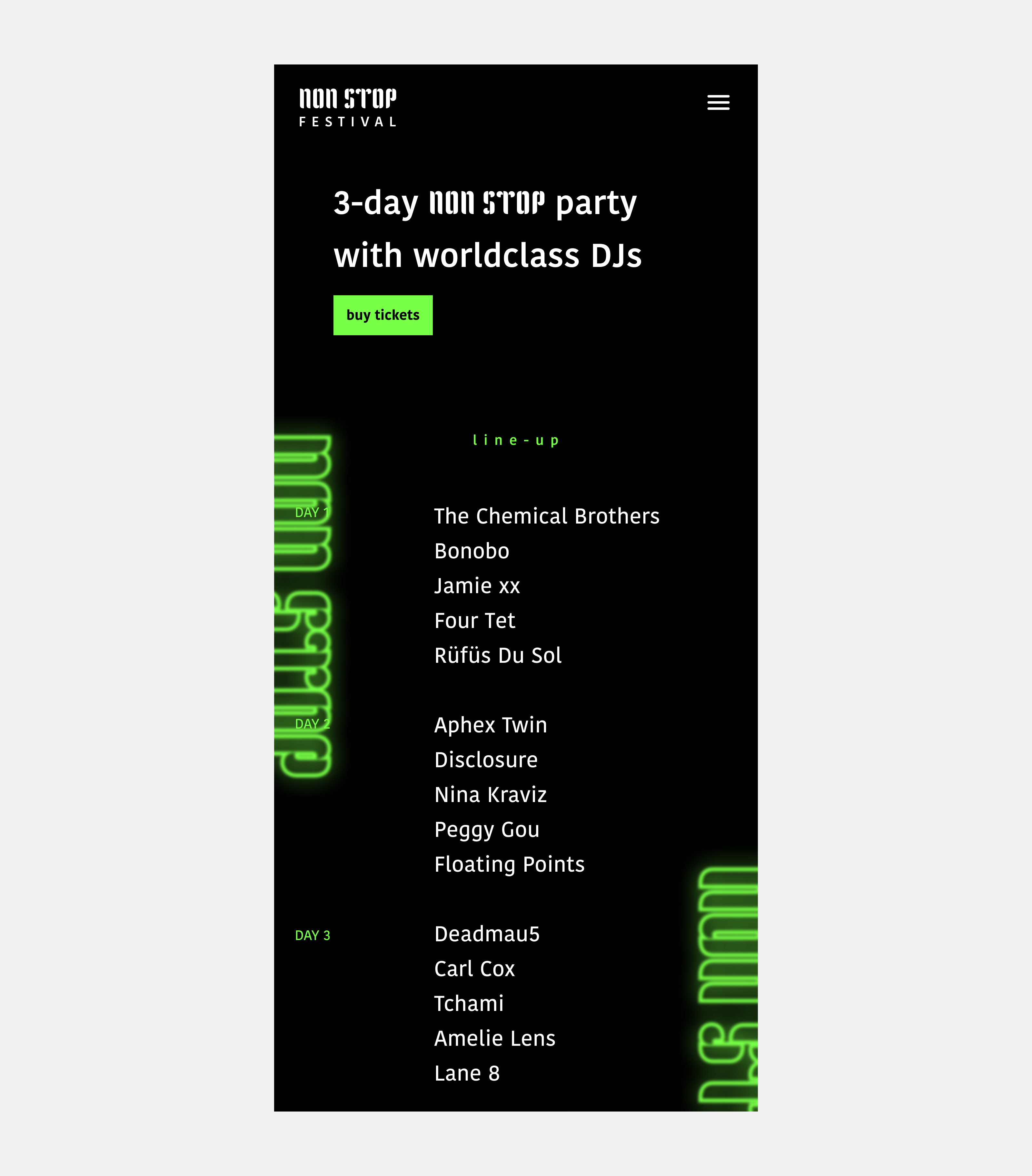 A screenshot of the festival's website. The page advertises a 3-day non-stop event featuring world-famous DJs. It shows a view of a mobile application. The neon on the left side has obscured the text 'DAY 1'.