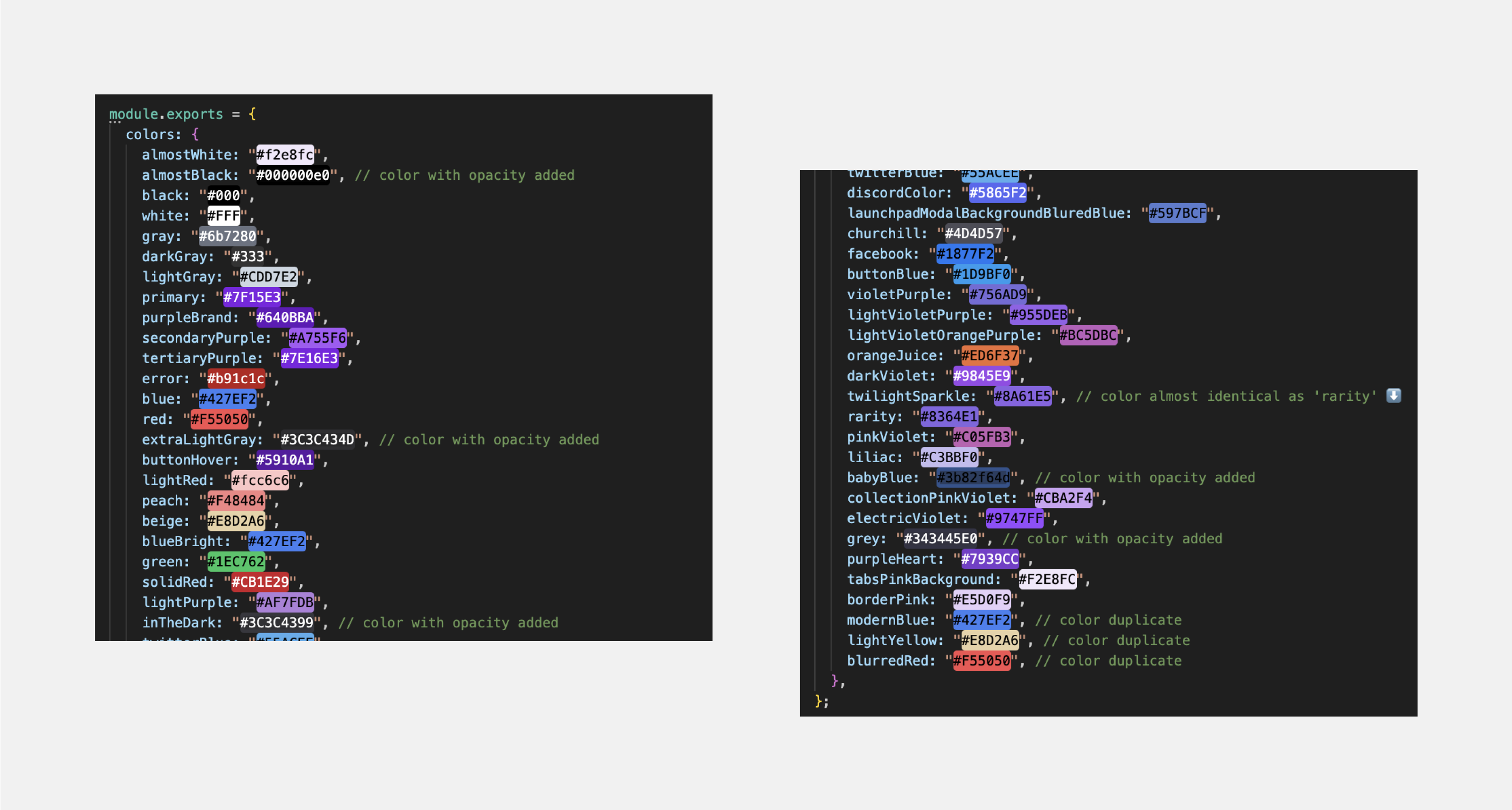 A screenshot of source code written in JavaScript. The code defines a color palette for the user interface, including color names and hex values. The colors are disorganized, with several repetitions or nearly identical shades. The color naming is incorrect, making it difficult to determine the actual color based solely on the name.