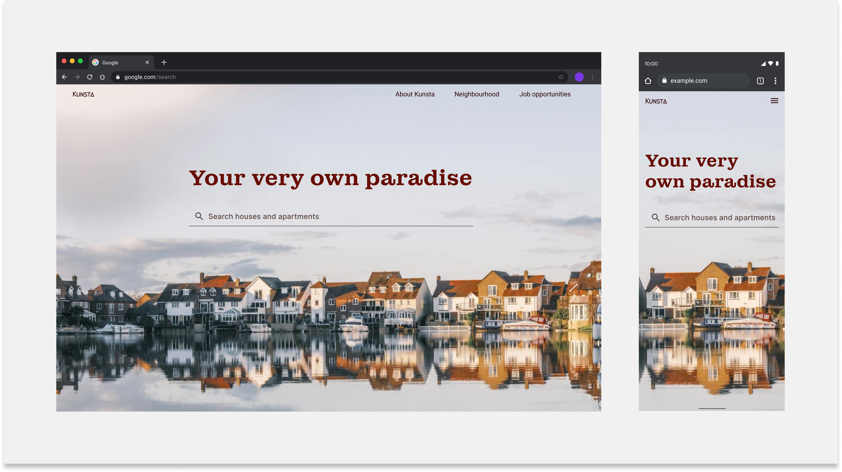 A screenshot of a website showing a beautiful view of houses reflected in a sheet of water with the slogan "Your own paradise." The page is displayed on a desktop computer and a mobile device. On a mobile device, the background photo is a cropped section of a full-size image, rather than a scaled-down version of the full-size image.