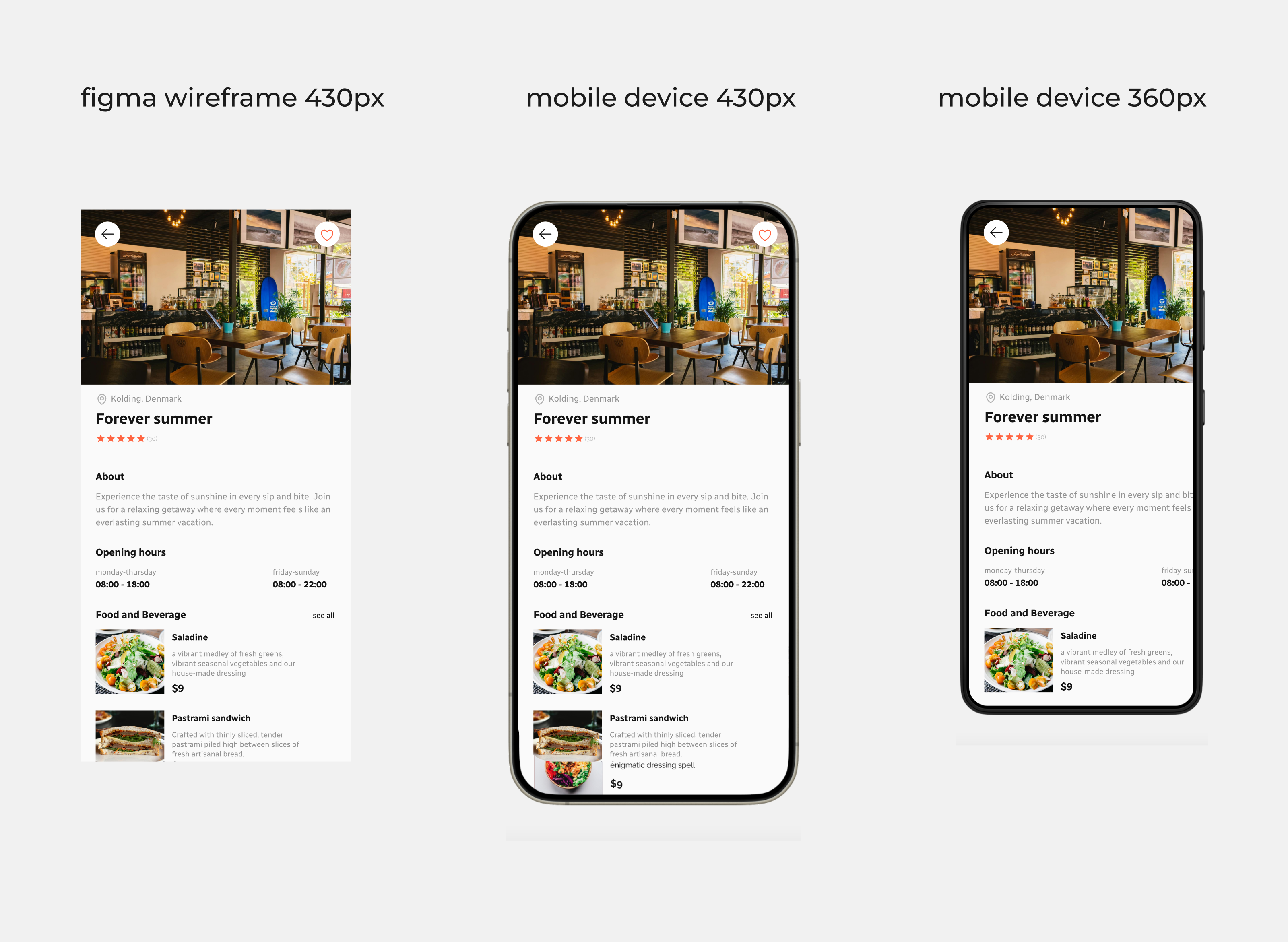 The image depicts three different views of the same webpage. On the left side is a screenshot from Figma with a width of 430px, in the middle is a photo of the same view on a phone with dimensions of 430px, and on the right side is a mobile device with a width of 360px. The difference in the images is that in the last one, some texts are not visible as they extend beyond the frame. The webpage is not optimized for such small devices.