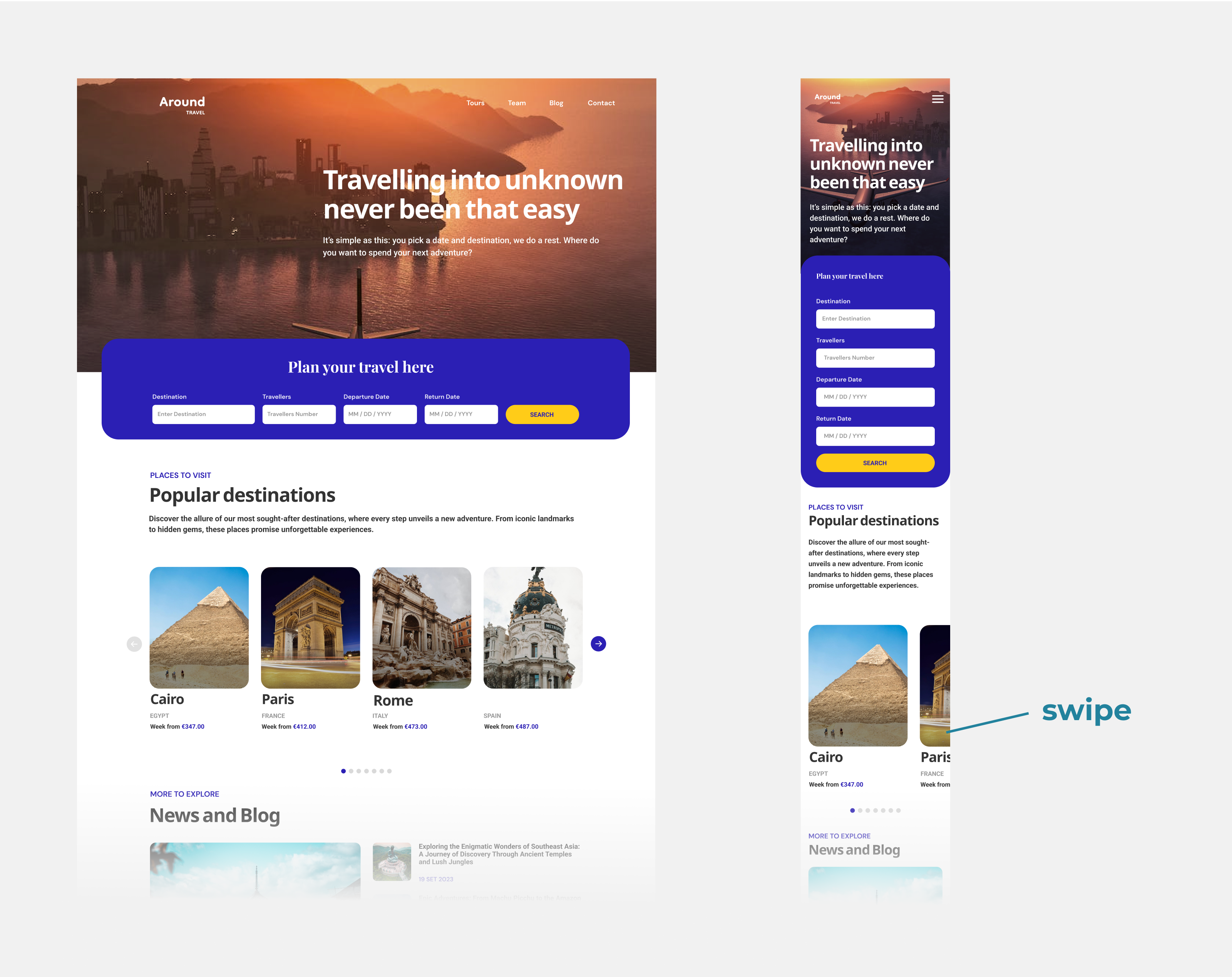 The image shows a view from Figma of a travel agency website project in two views - desktop and mobile. The page features cards with photos of various tourist attractions. In the desktop view, scroll buttons for navigating the photos left and right are visible, while in the mobile view, there is an arrow with the word 'swipe,' suggesting that users should be able to swipe through the photos by sliding their finger across the screen.