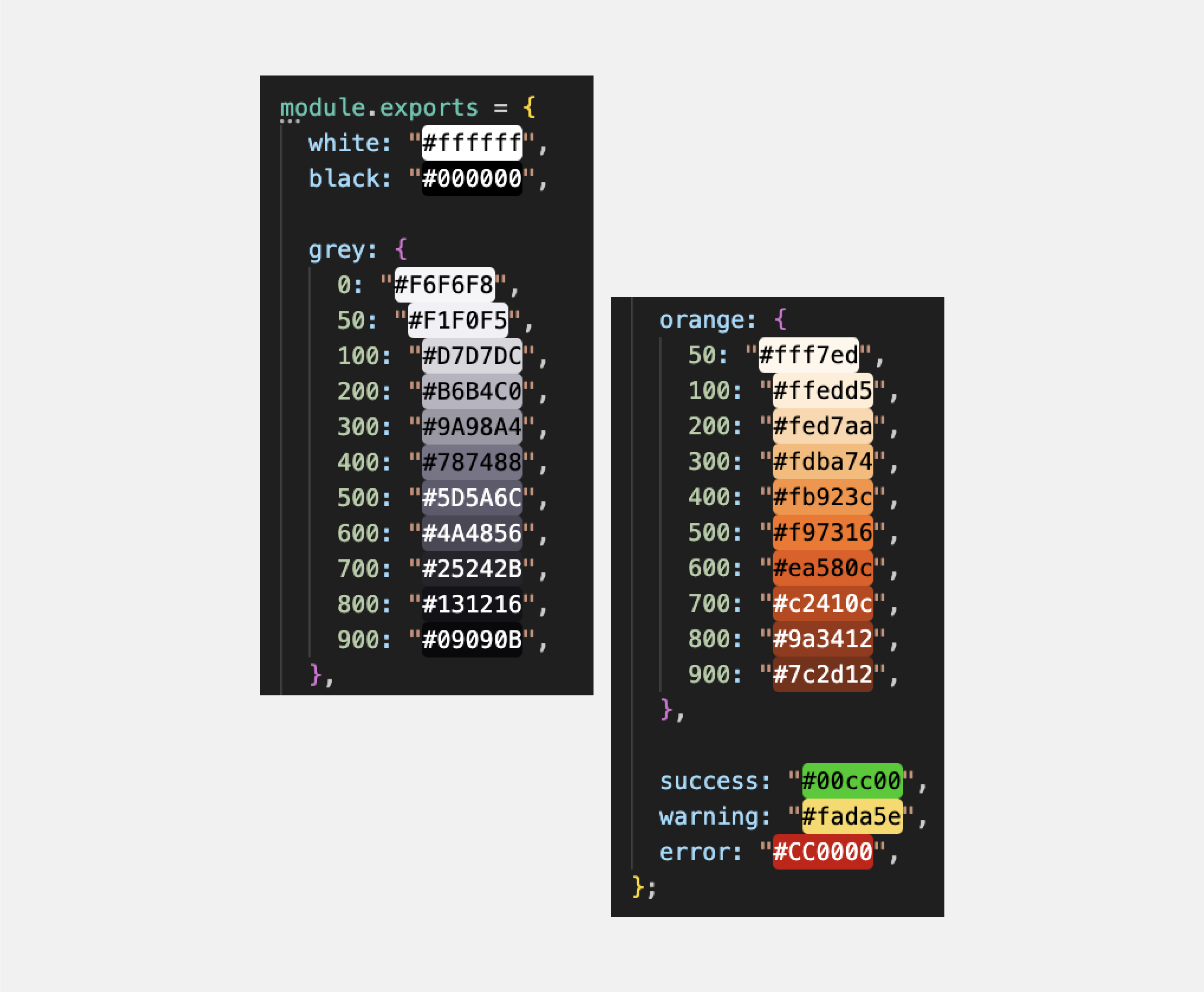 The CSS code defining the color palette for the user interface. The palette includes various shades of gray and orange written in the Tailwind convention (grey: 0:"#F6F6F8", 50:"#F1F0F5", 100:"#D7D7DC", etc. up to 900). Additionally, it presents the basic colors: white, black, and colors labeled with names success - green, warning - yellow, and error - red.