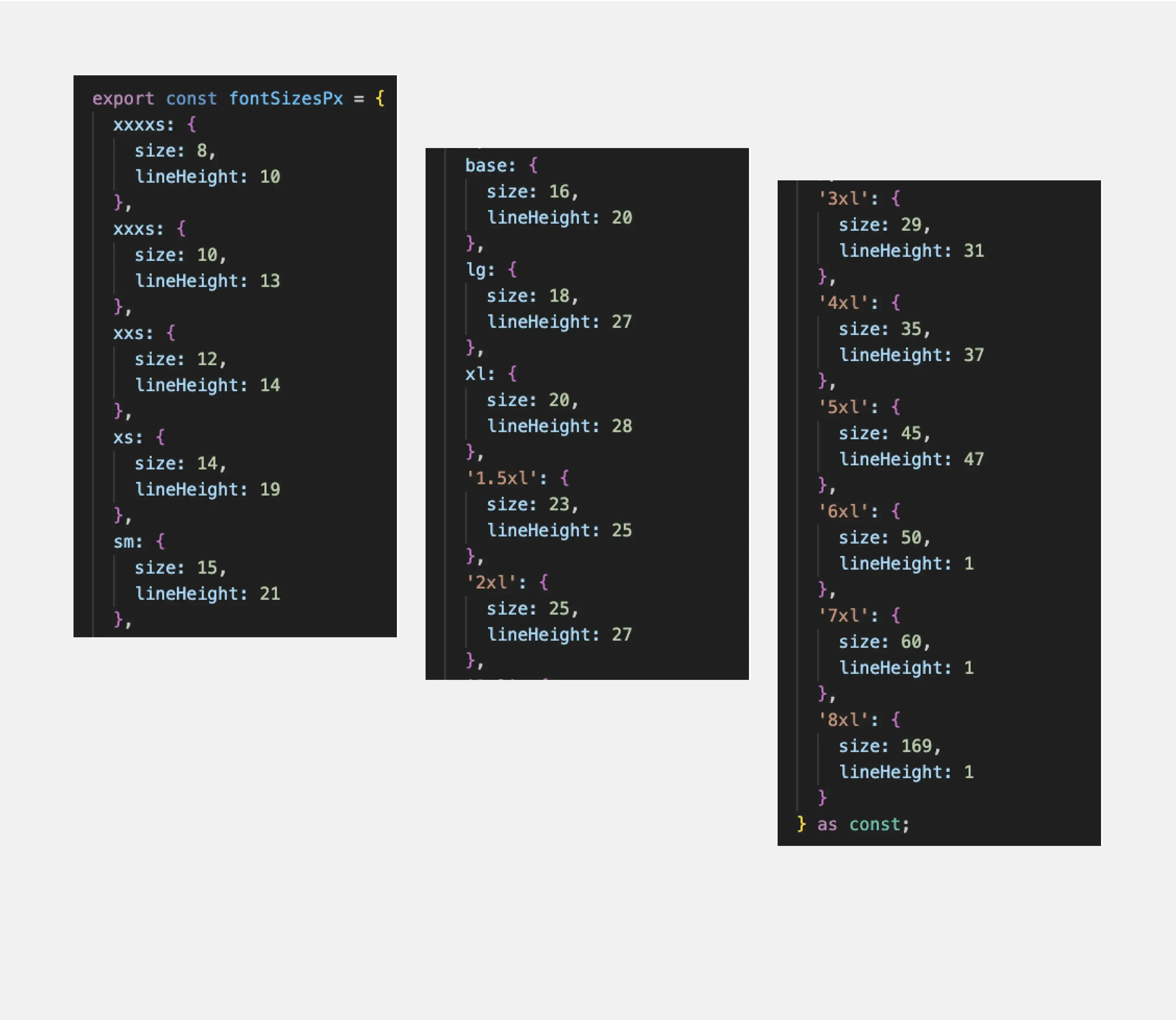 The image shows a piece of source code in JavaScript. The code defines a variable called fontSizesPx, which contains a list of font sizes in pixels. Font sizes are defined for various values, including xxxxs, xxxs, xxs, xs, sm, base, lg, xl, 1.5xl, 2xl, 3xl, 4xl, 5xl, 6xl, 7xl, 8xl. Two parameters are defined for each font size value: size and lineHeight. The size parameter specifies the font size in pixels. The lineHeight parameter specifies the line height in pixels.