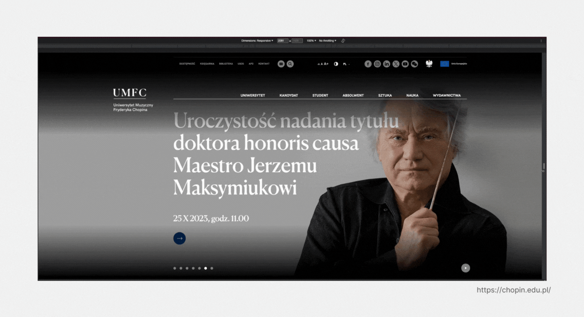 There is a photo of a mans face in Tthe background with white text on it. Gif is presenting a short look on how making a screen view more narrow changes display of the text.