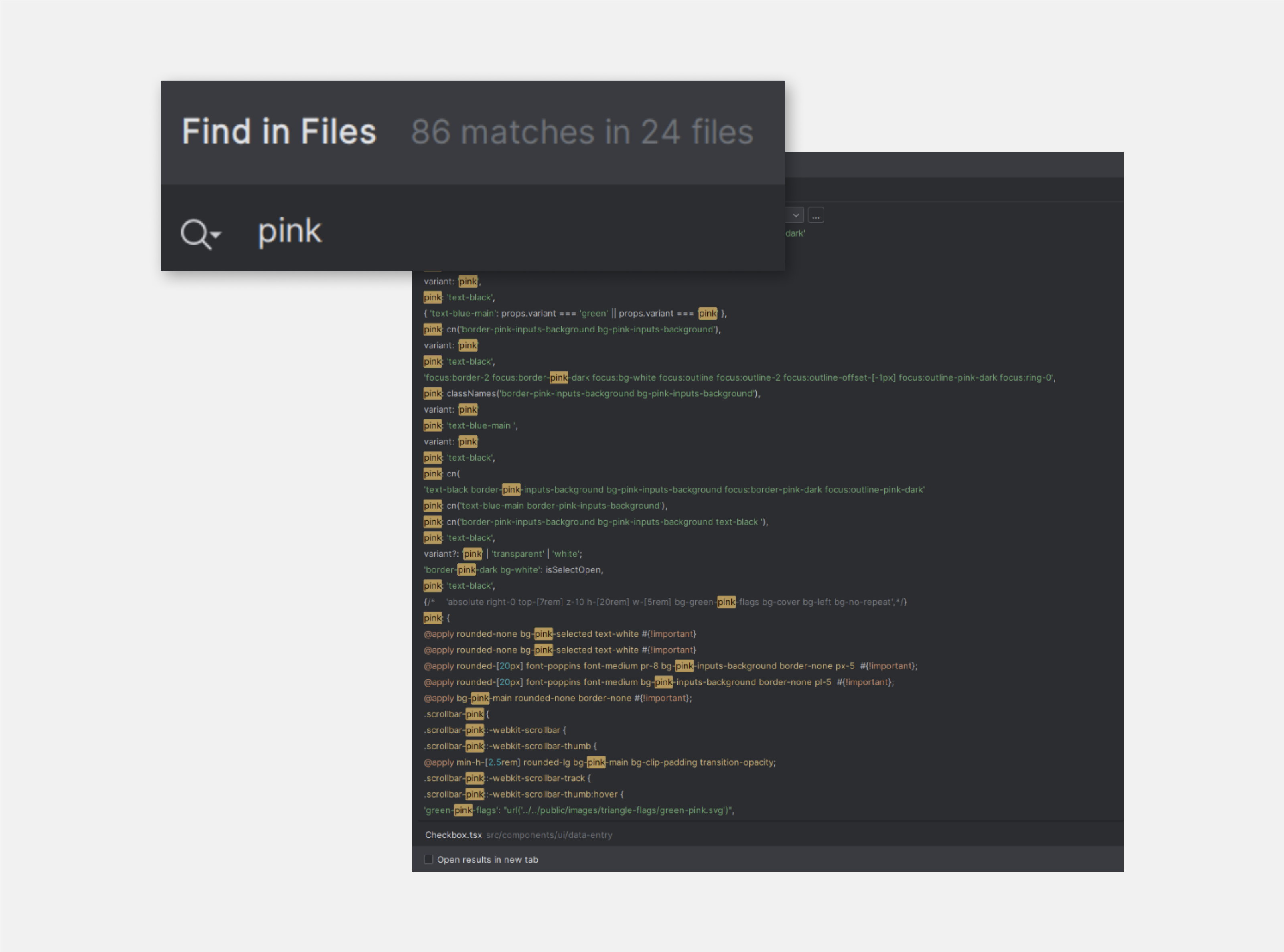 A screenshot of the 'Webstorm' program displaying 86 search results for the phrase 'pink.' This name was found 86 times in 24 files. The window background is black, and the text is orange.