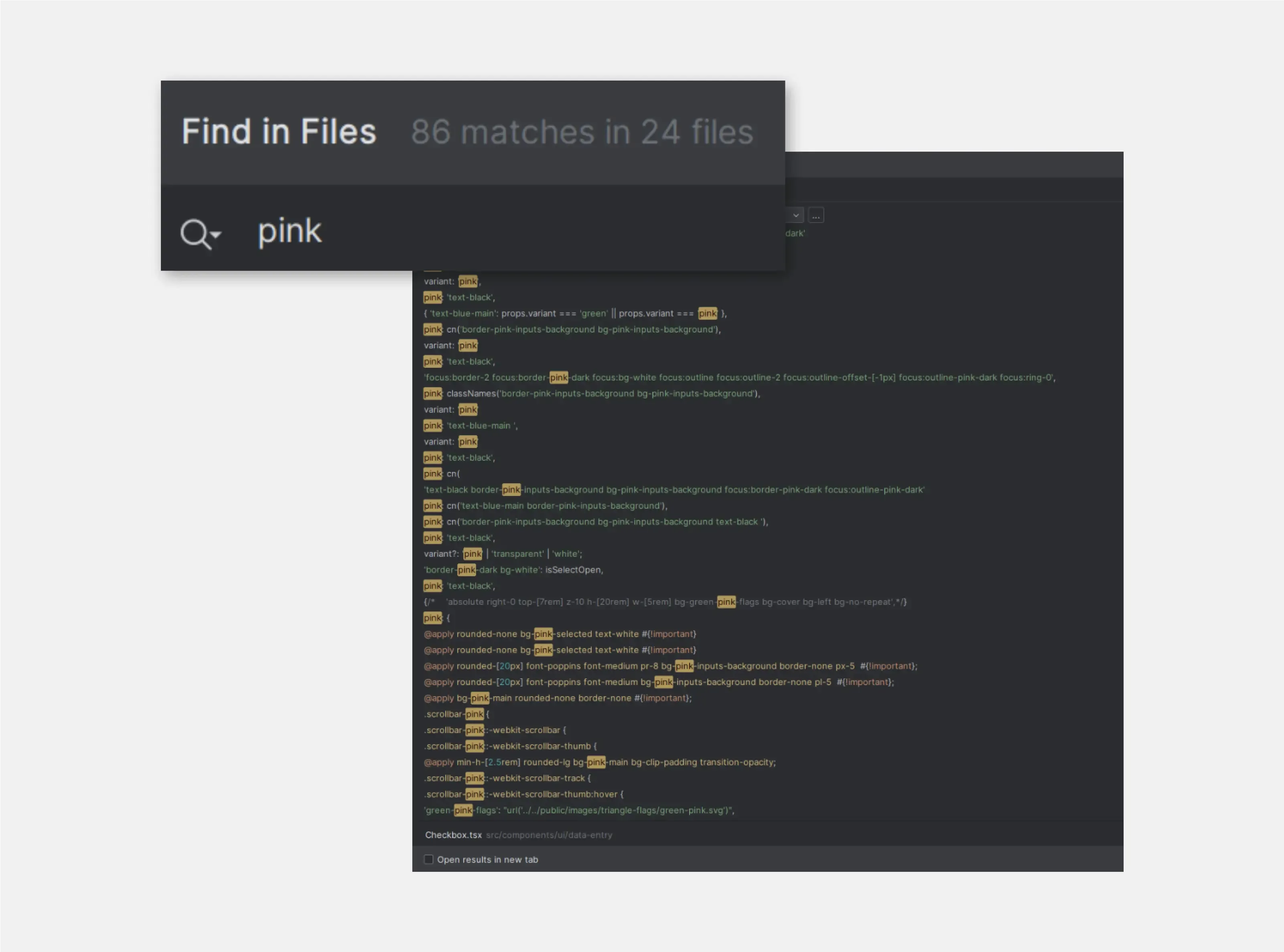 A screenshot of the 'Webstorm' program displaying 86 search results for the phrase 'pink.' This name was found 86 times in 24 files. The window background is black, and the text is orange.