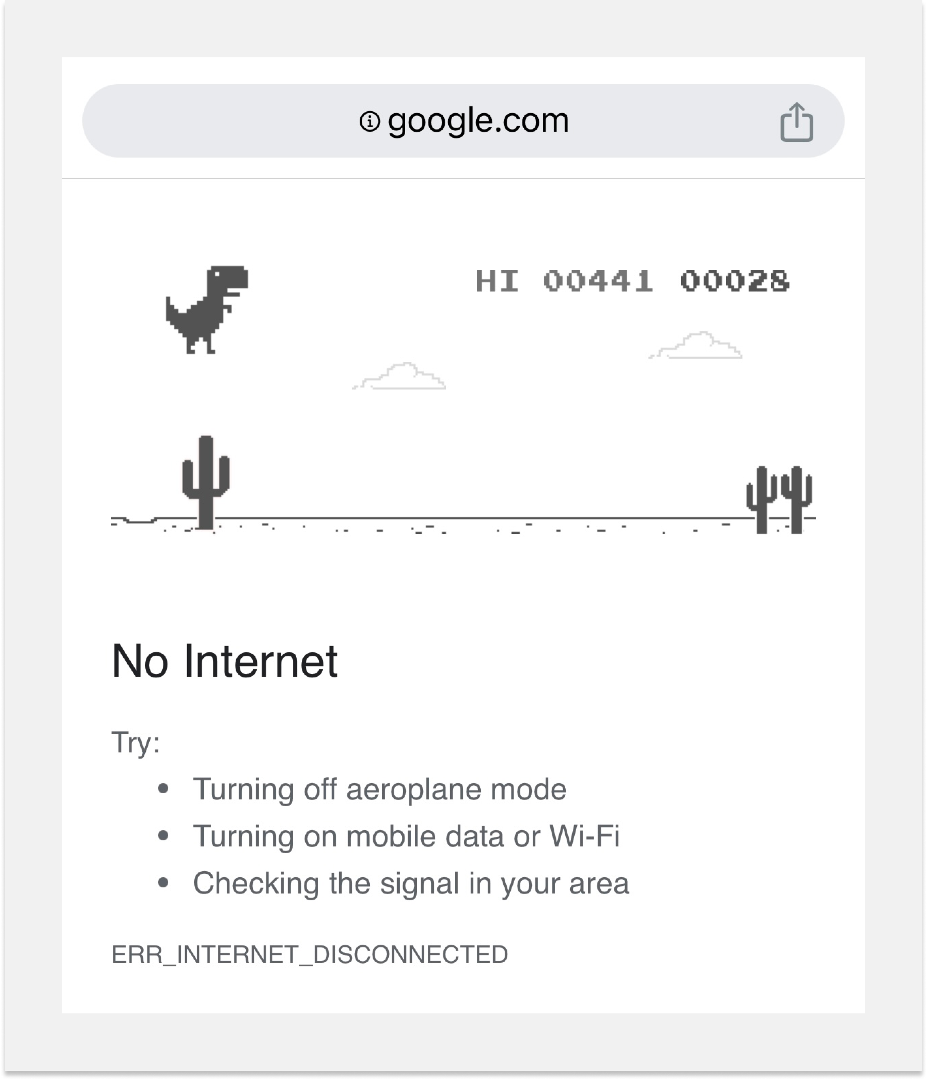 The image shows the appearance of the Google Chrome browser when there is no internet connection. It displays an offline game featuring a jumping dinosaur, cacti, and the current score. At the bottom, there is a message indicating the lack of internet connection, along with descriptions of possible solutions.