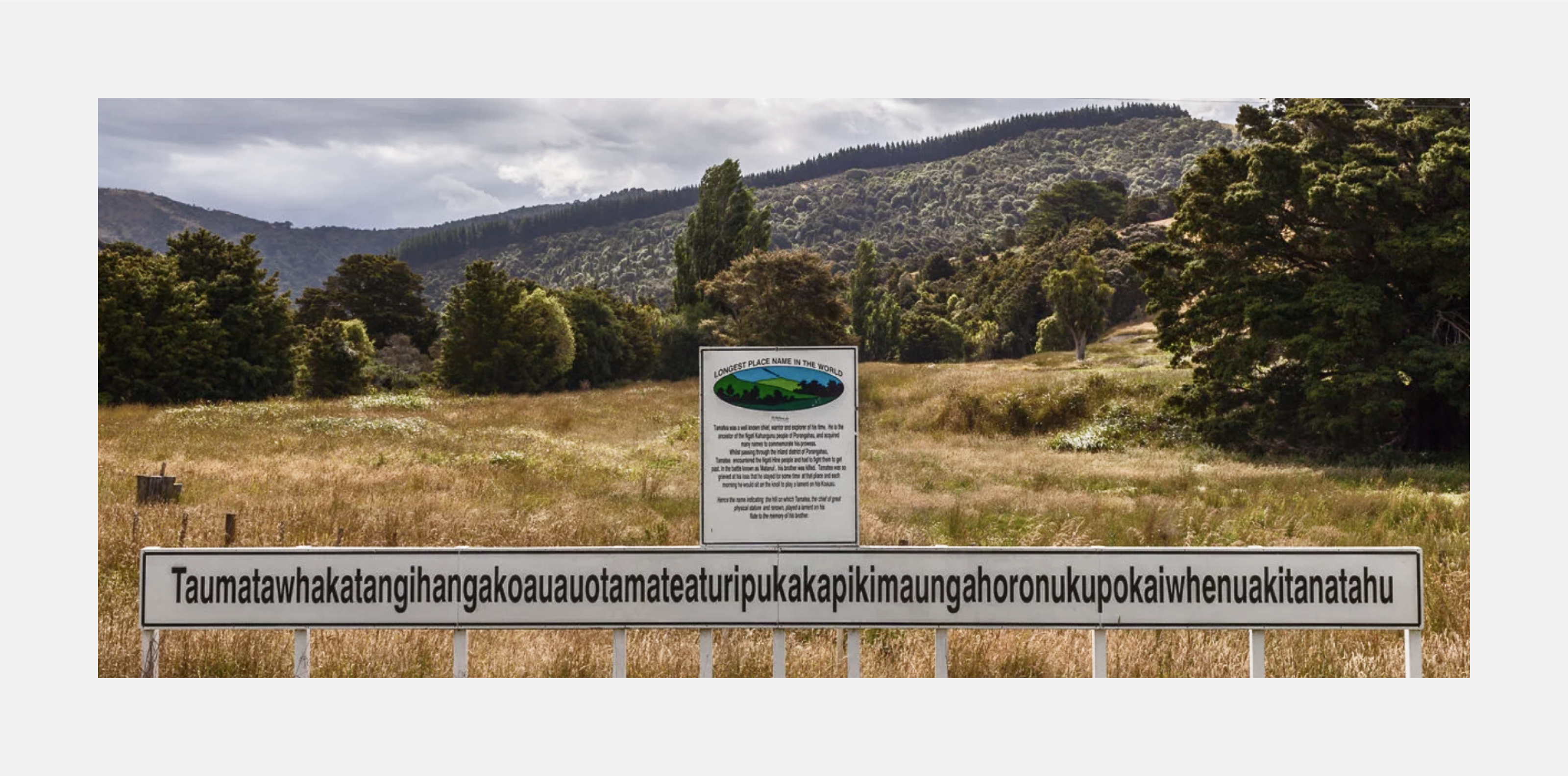 The photo shows a gray road sign with black font. The sign shows the name of the village: Taumatawhakatangihangakoauauotamateaturipukakapikimaungahoronukupokaiwhenuakitanatahu. In the background you can see green fields, trees and a mountain range.