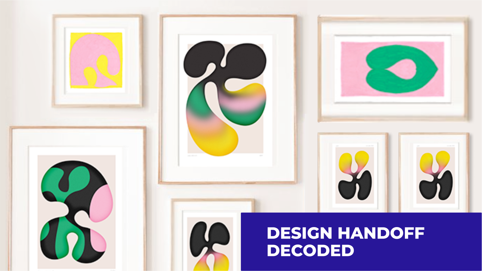A wall of colorful posters of various shapes, sizes and styles. In the lower right corner, white writing on a blue background "Design handoff decoded"
