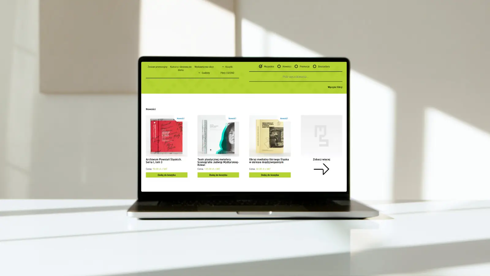 fragment strony internetowej muzeum śląskiego ukazujący filtry i miniatury oferowanych książek do kupienia