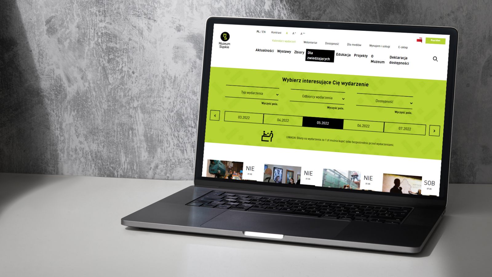 website project for Muzeum Śląskie is modern and bold, white, black and lime green colours, suited for museum's style