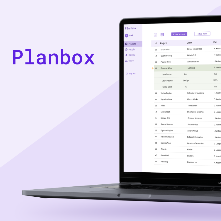 Laptop with the Planbox application open, displaying a list of projects, clients, and project managers. On the left side, there is the text 'Planbox'.