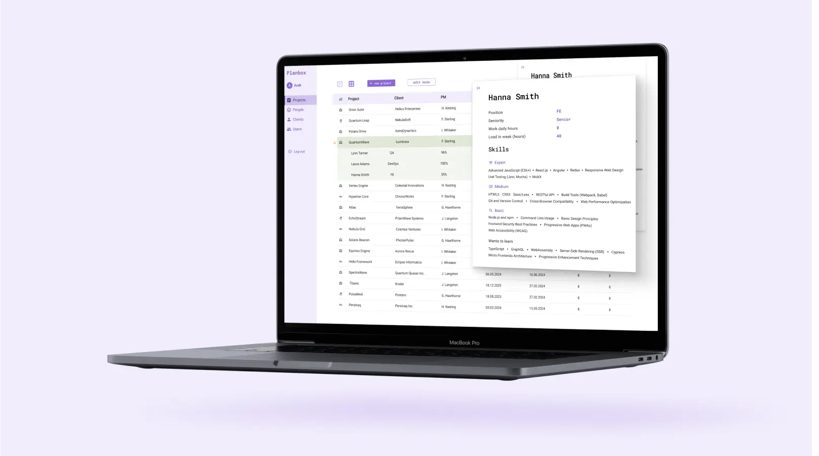 Laptop with the Planbox application open, displaying detailed information about the user including position, skills, and availability. Project list in the background.