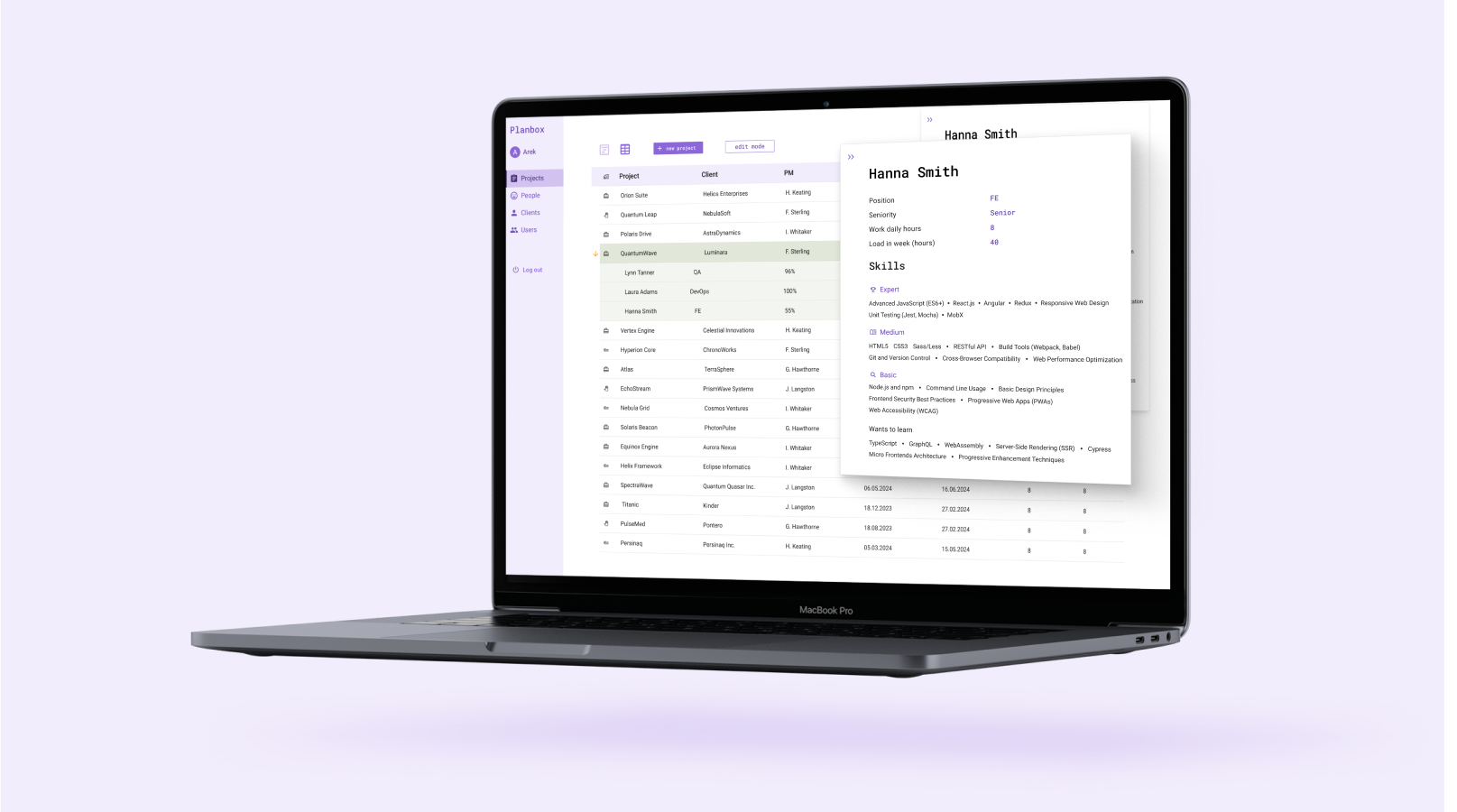 Laptop with the Planbox application open, displaying detailed information about the user including position, skills, and availability. Project list in the background.