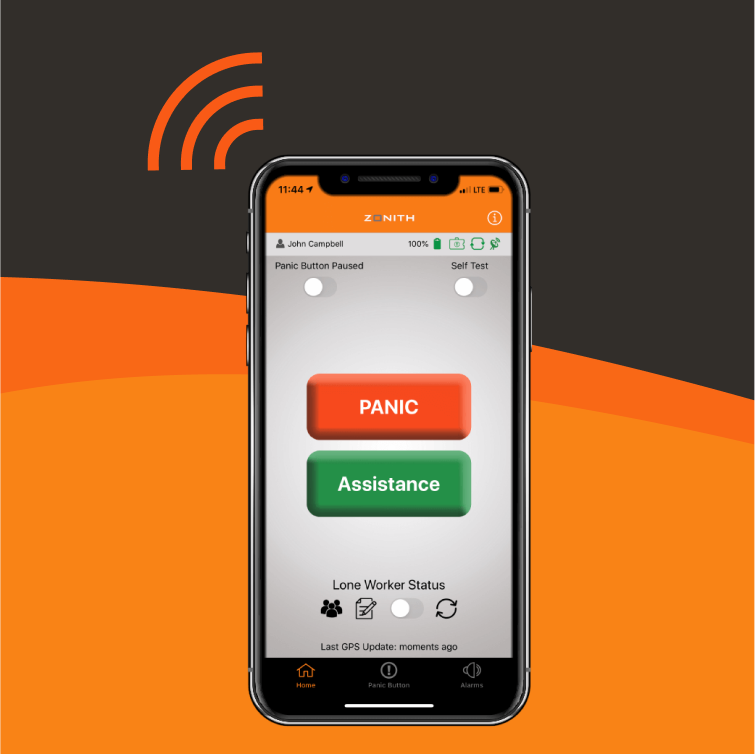 The Staff Safety app's main interface on a smartphone features a red "PANIC" button and a green "Assistance" button. Below the buttons is a section indicating the status of lone workers and the time of the last GPS update—an orange background with a Wi-Fi signal icon. 