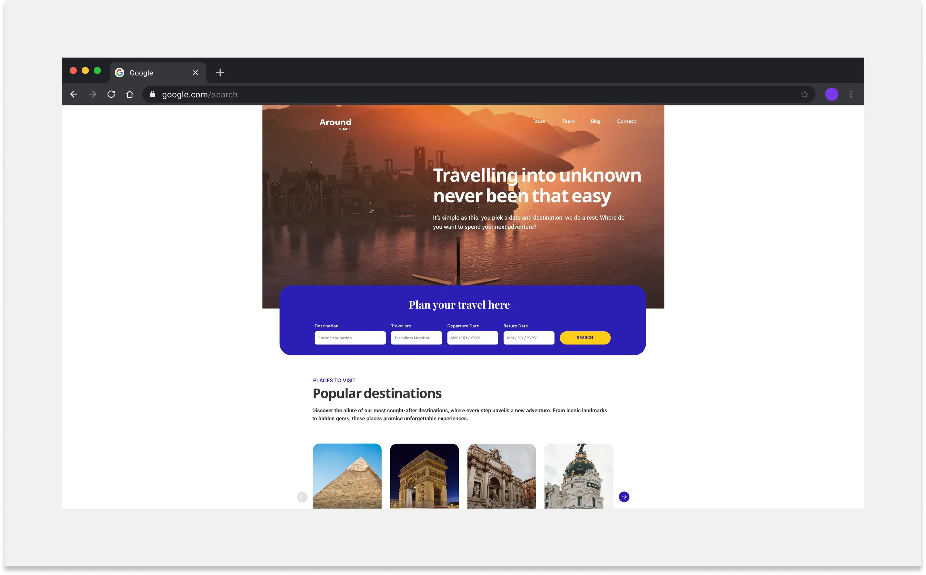 The graphic depicts the Arsund travel agency website displayed on a large screen. The webpage is constrained so that there is white space on the sides, and all the content of the page is centered in the middle of the screen.