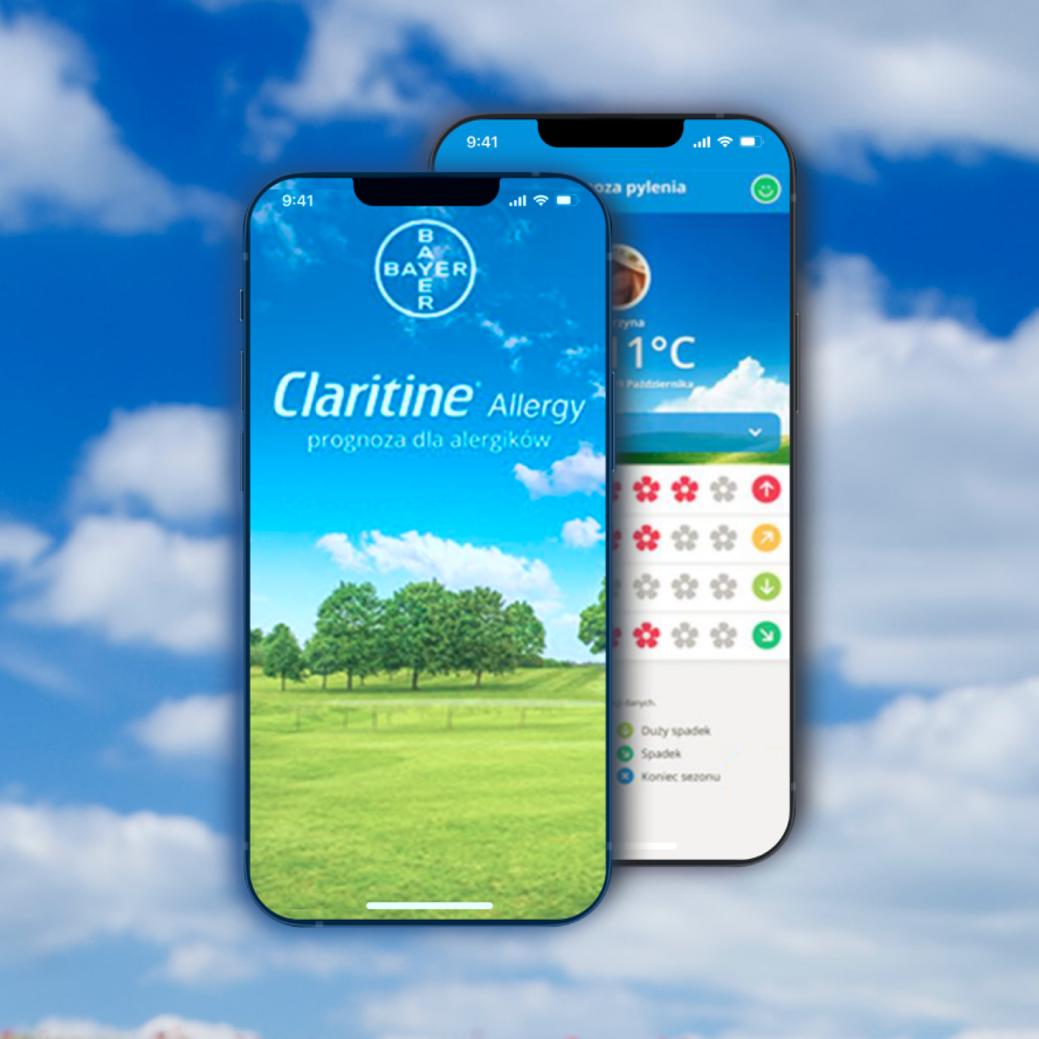 dwa lewitujące ekranu aplikacji claritine w letnim niebie, jeden ekran przedstawia stronę startową aplikacji, drugi ekran pokazuje siłę różnych alergenów dla wybranej lokalizacji