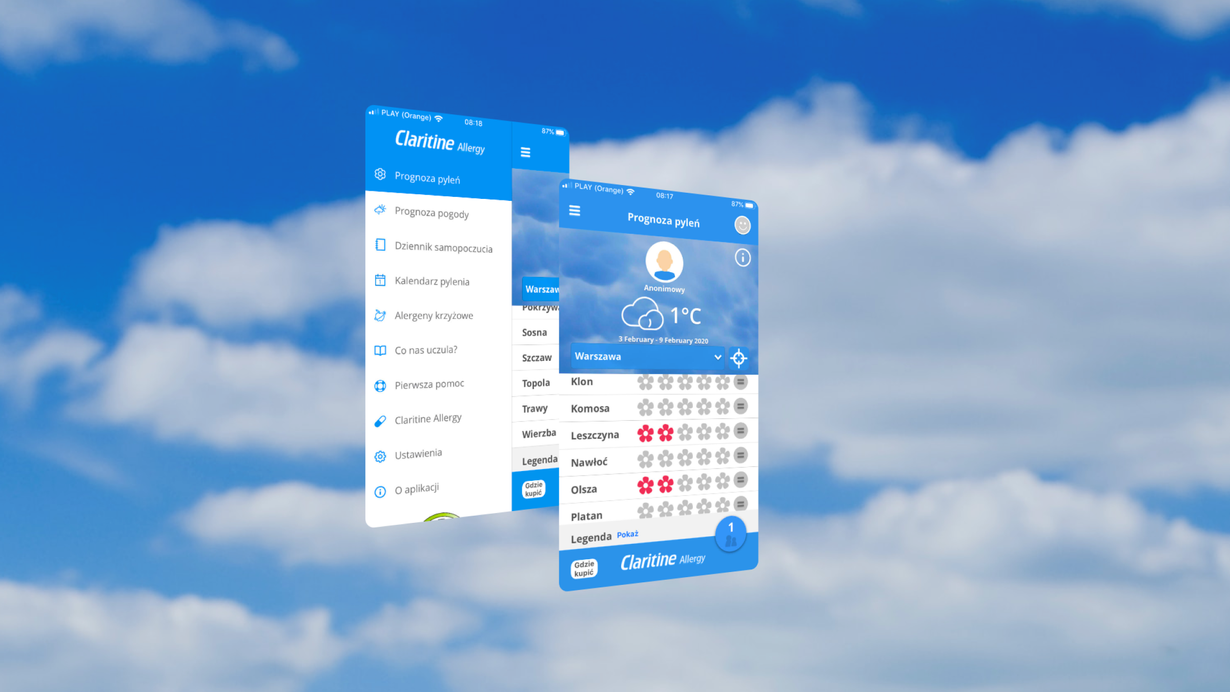 Two levitating screens of the claritine application in the summer sky, one screen shows the application menu, including pollen calendar and first aid, the second screen shows the strength of various allergens for the selected location, the design is kept in white and blue colors