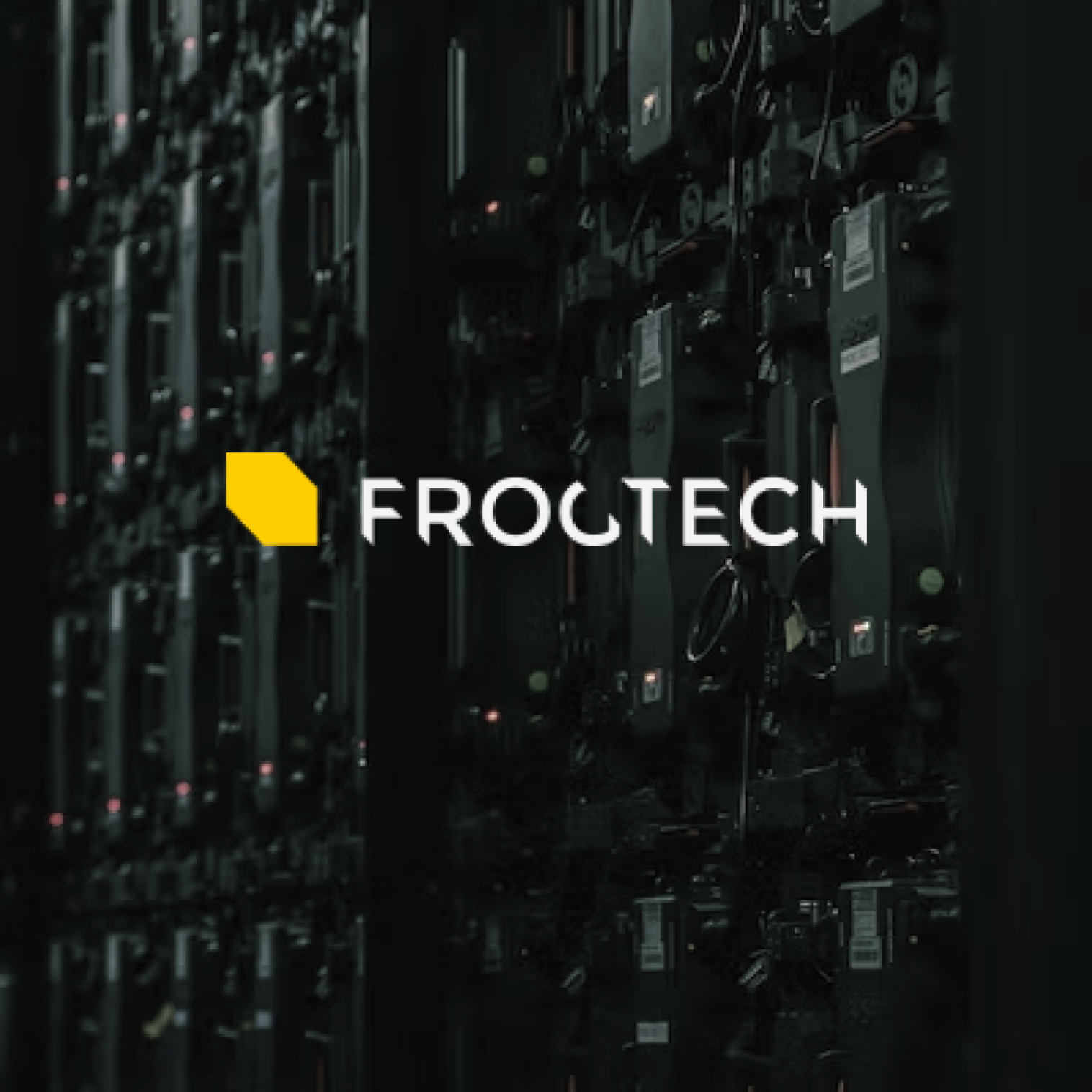 frogtech logo on the background of the photo showing the servers from an angle