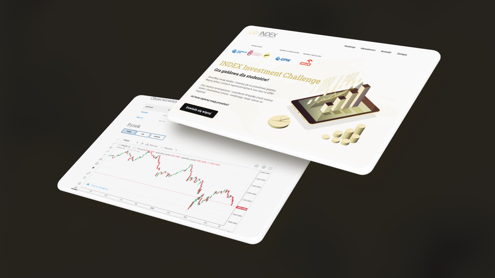 two levitating screens showing a portion of the platform with a stock market game, the home page and a stock market chart