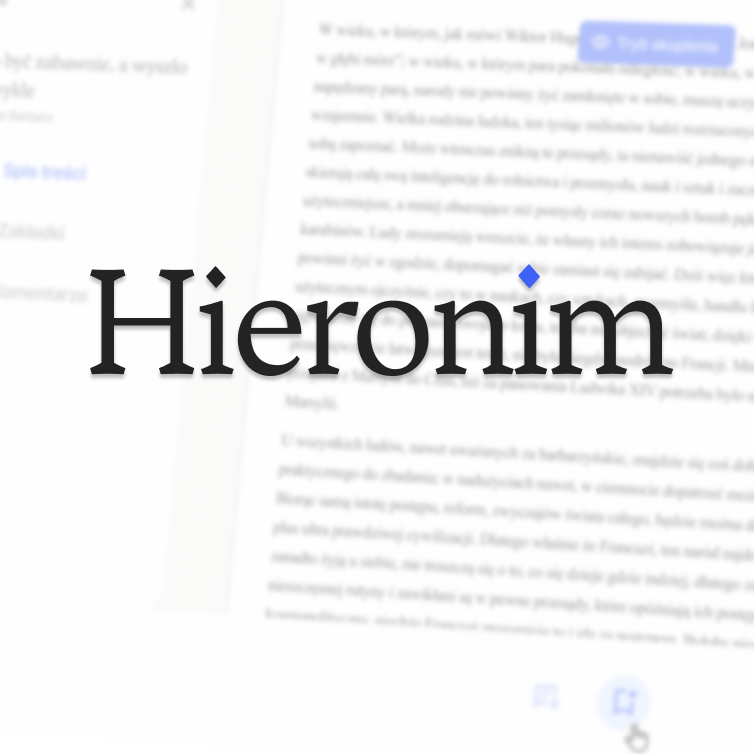 Logo Hieronim na tle ebooka z dostępnymi funkcjonalnościami wspólnego opracowywania treści.