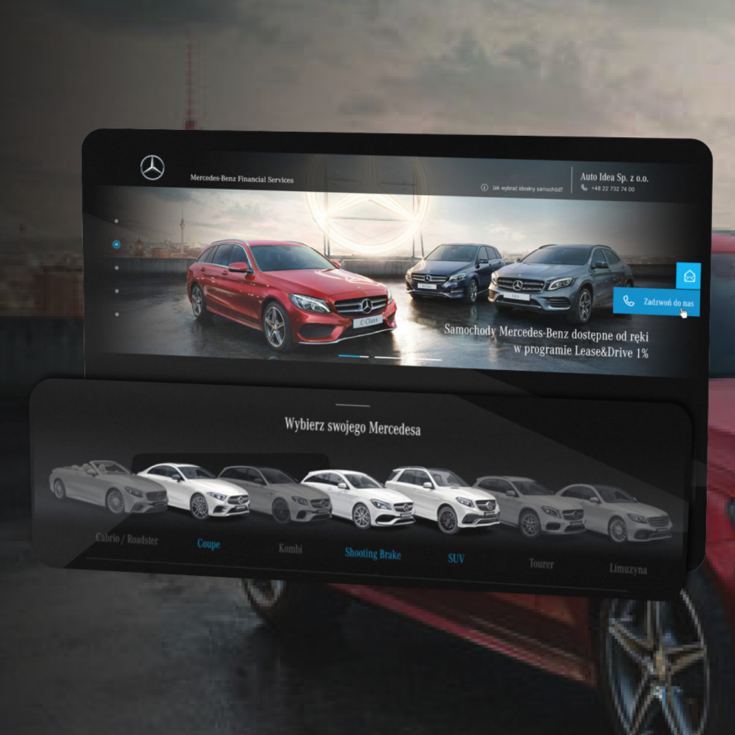lewitujący ekran startowy platformy leasingowej samochodów mercedesa, ukazuje różne modele samochodów wkomponowane w czarne tło