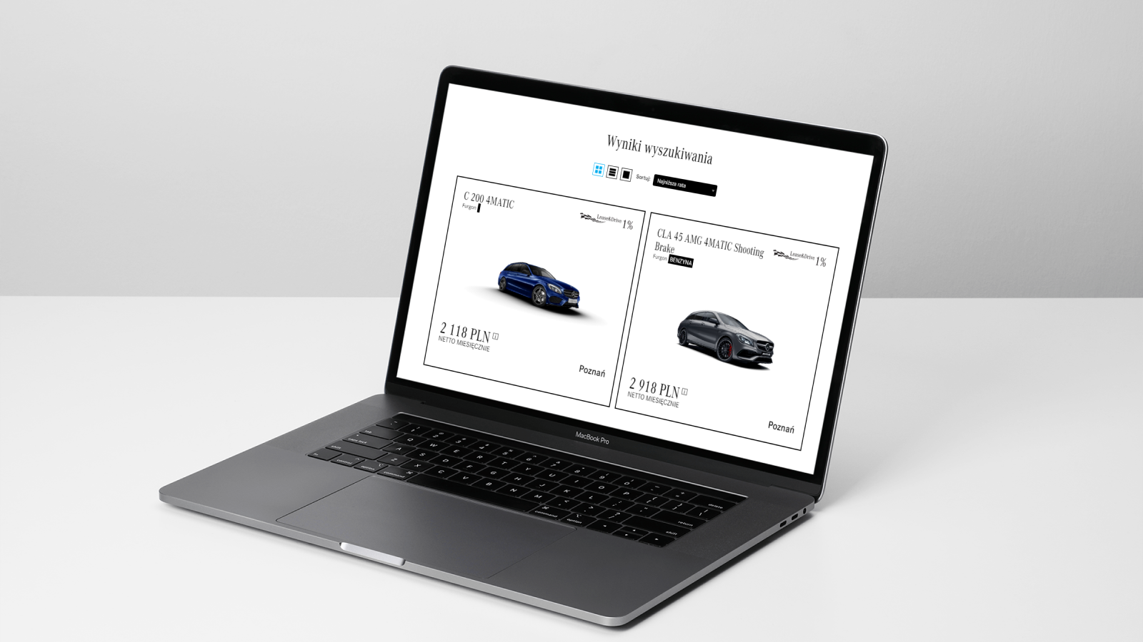 A laptop with a view of car search results by available criteria regarding characteristics as well as location, the results are presented in a clean form of thin elegant frames with the silhouette of the car in the middle and the features at the bottom