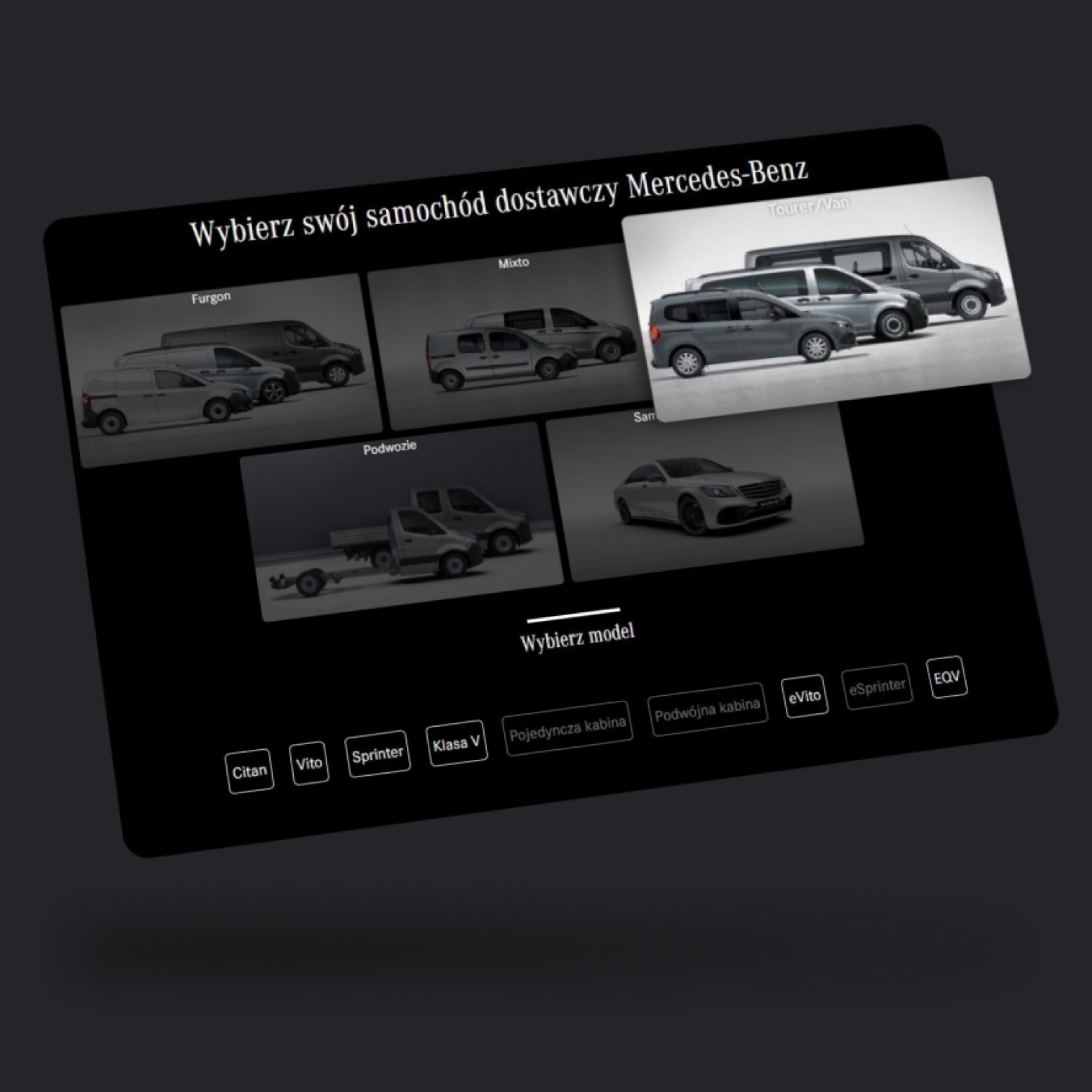 lewitujący ekran startowy platformy leasingowej samochodów dostawczych mercedesa