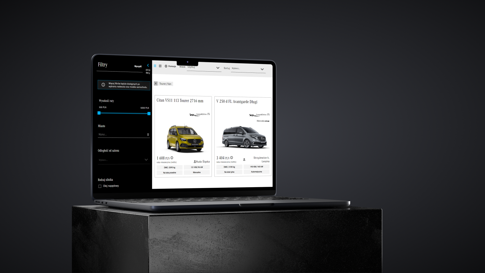 laptop z widokiem platformy leasingowej samochodów mercedesa przedstawiający aktywne filtry i samochody dostawcze pasujących do kryteriów