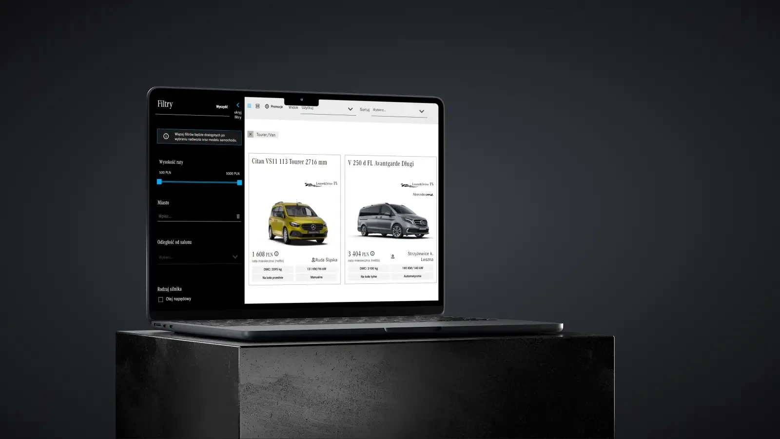 laptop with view of mercedes car leasing platform showing active filters and vans matching criteria