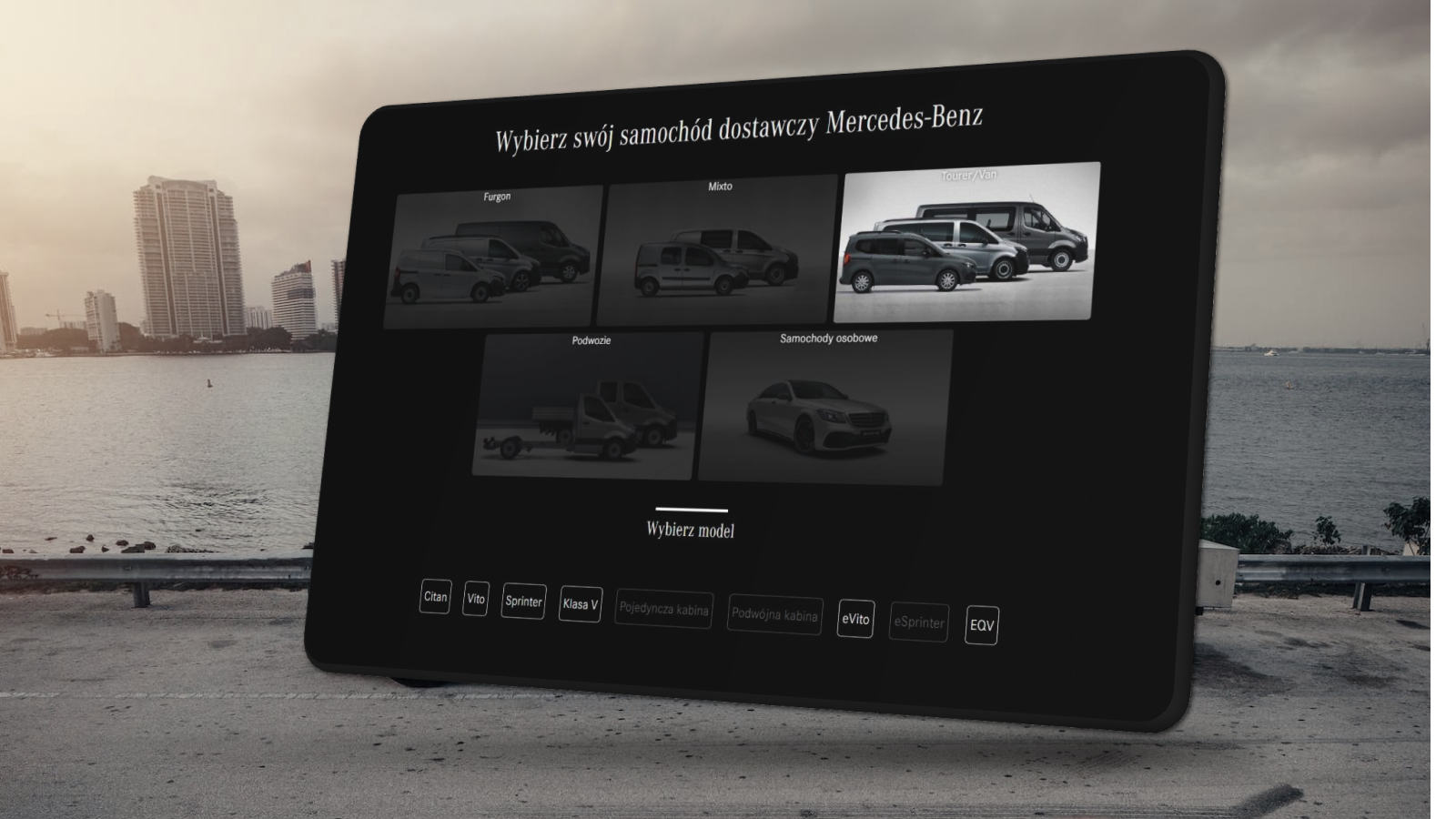 lewitujący ekran startowy platformy leasingowej mercedesa z kategoriami samochodów dostawczych. Elegancja i ciemne barwy platformy uwydatniają zdjęcia samochodów wpasowując się w styl marki.